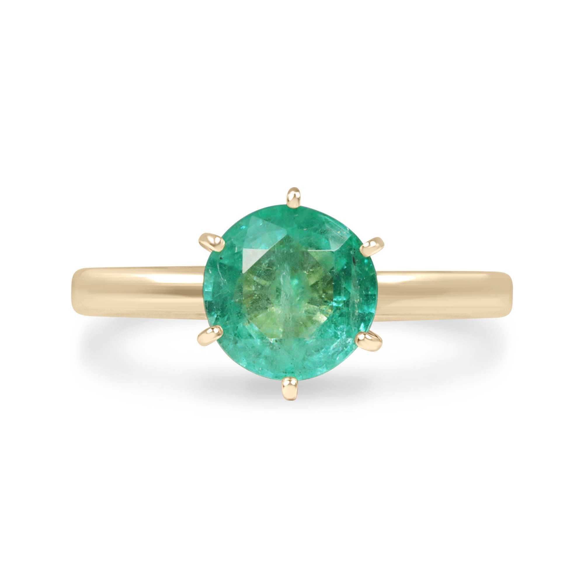 1.74ct 14K Rare Natural Round Cut Emerald Six Prong Solitaire Ring - JR Colombian Emeralds