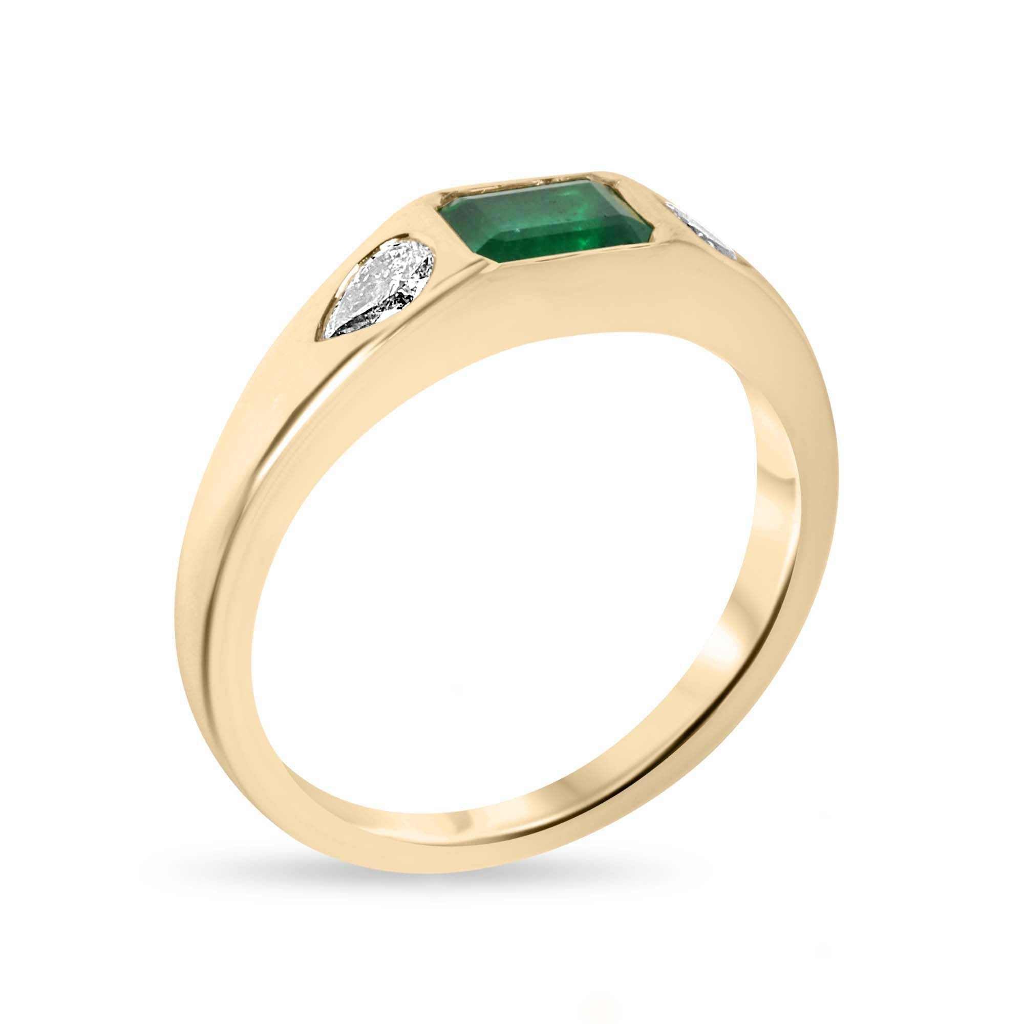 0.91tcw 18K Rich Green Natural Emerald & Pear Diamond Three Stone Band Ring - JR Colombian Emeralds
