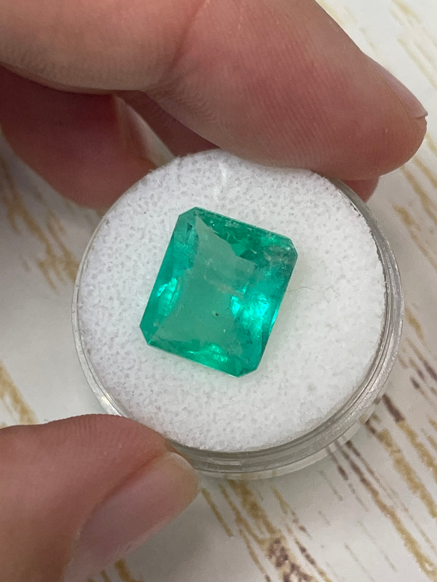 6.74 Carat 13x11 Pastel Bluish Green Emerald Cut Loose Colombian Emerald