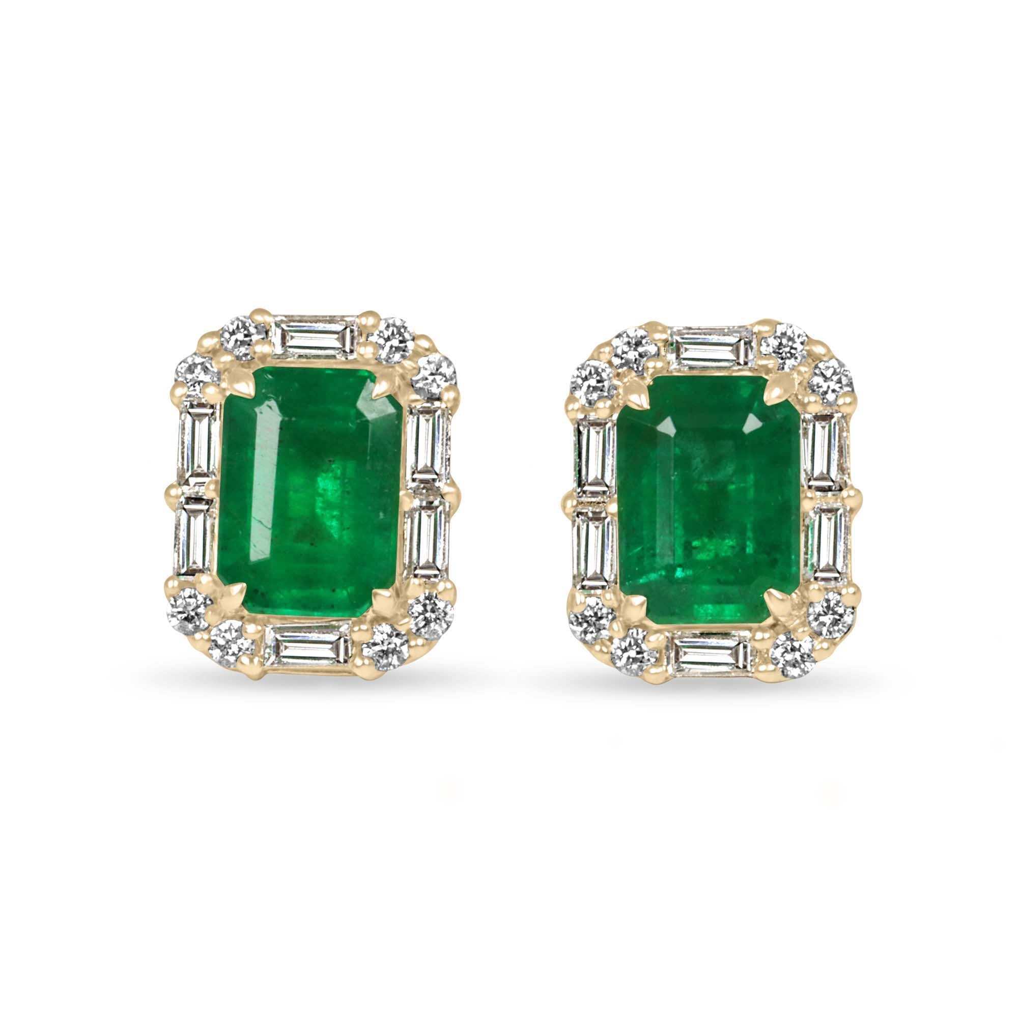 2.36tcw 18K yellow gold earrings with rich green emerald cut emeralds and baguette diamond halo studs
