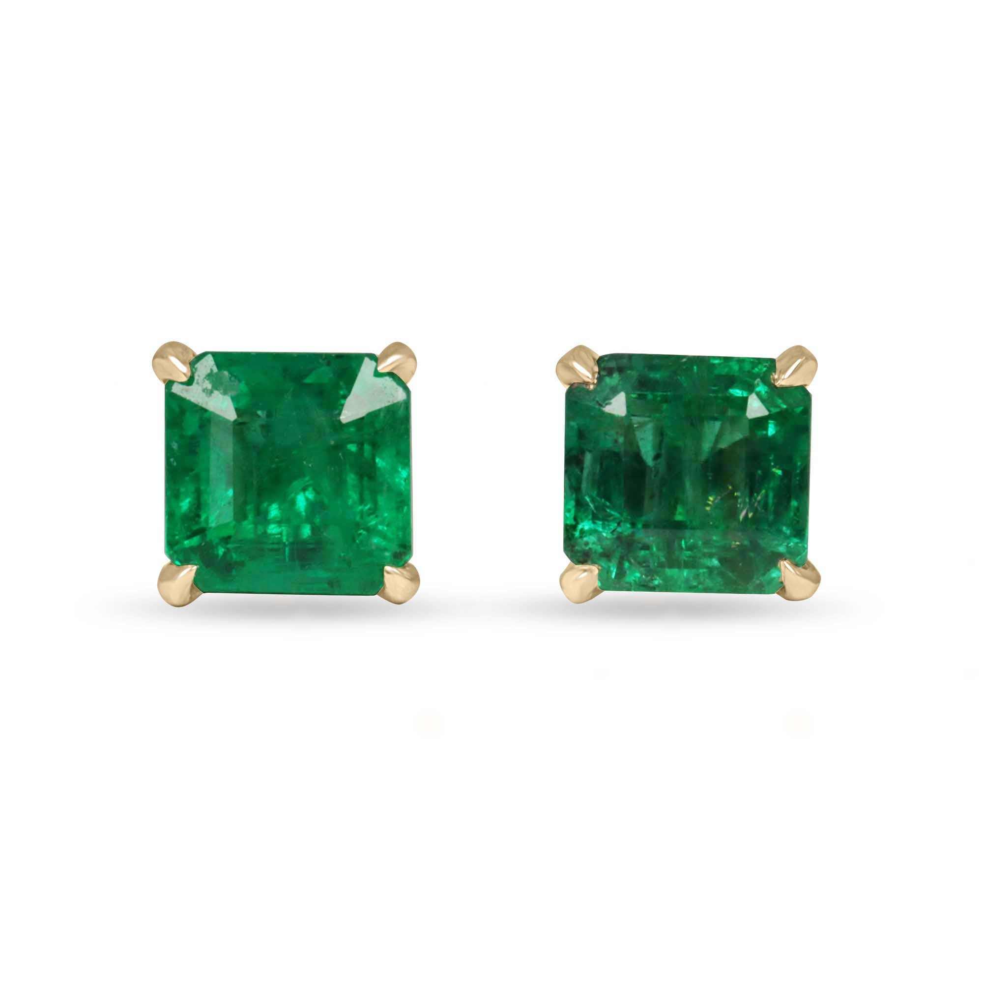 1.48tcw 14K 5x5 Deep Green Zambian Emerald Asscher Cut Solitaire Stud Earring - JR Colombian Emeralds