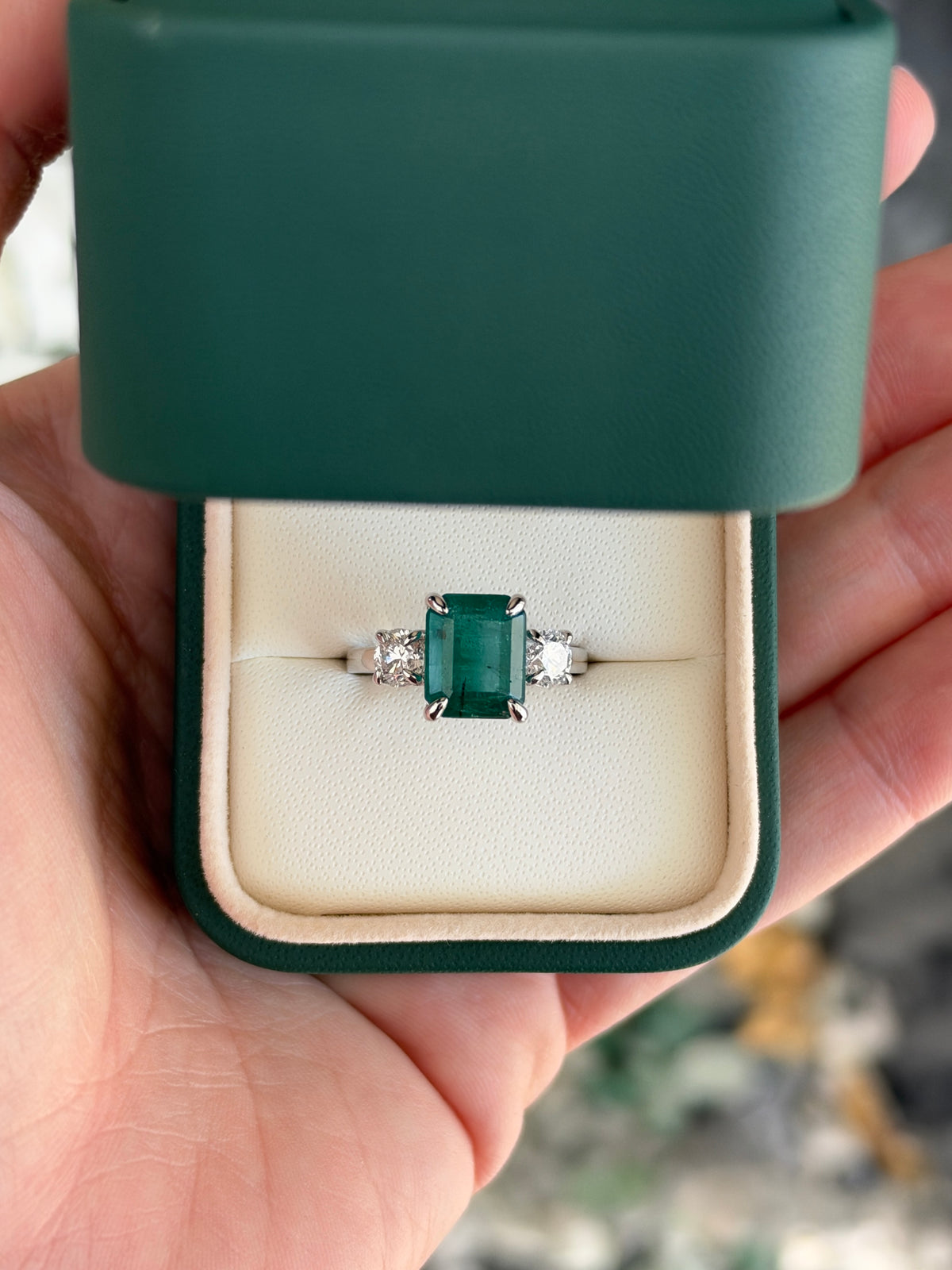5.54tcw 14K Classic Emerald Cut Emerald & Round Lab Diamond Three Stone Ring in White Gold