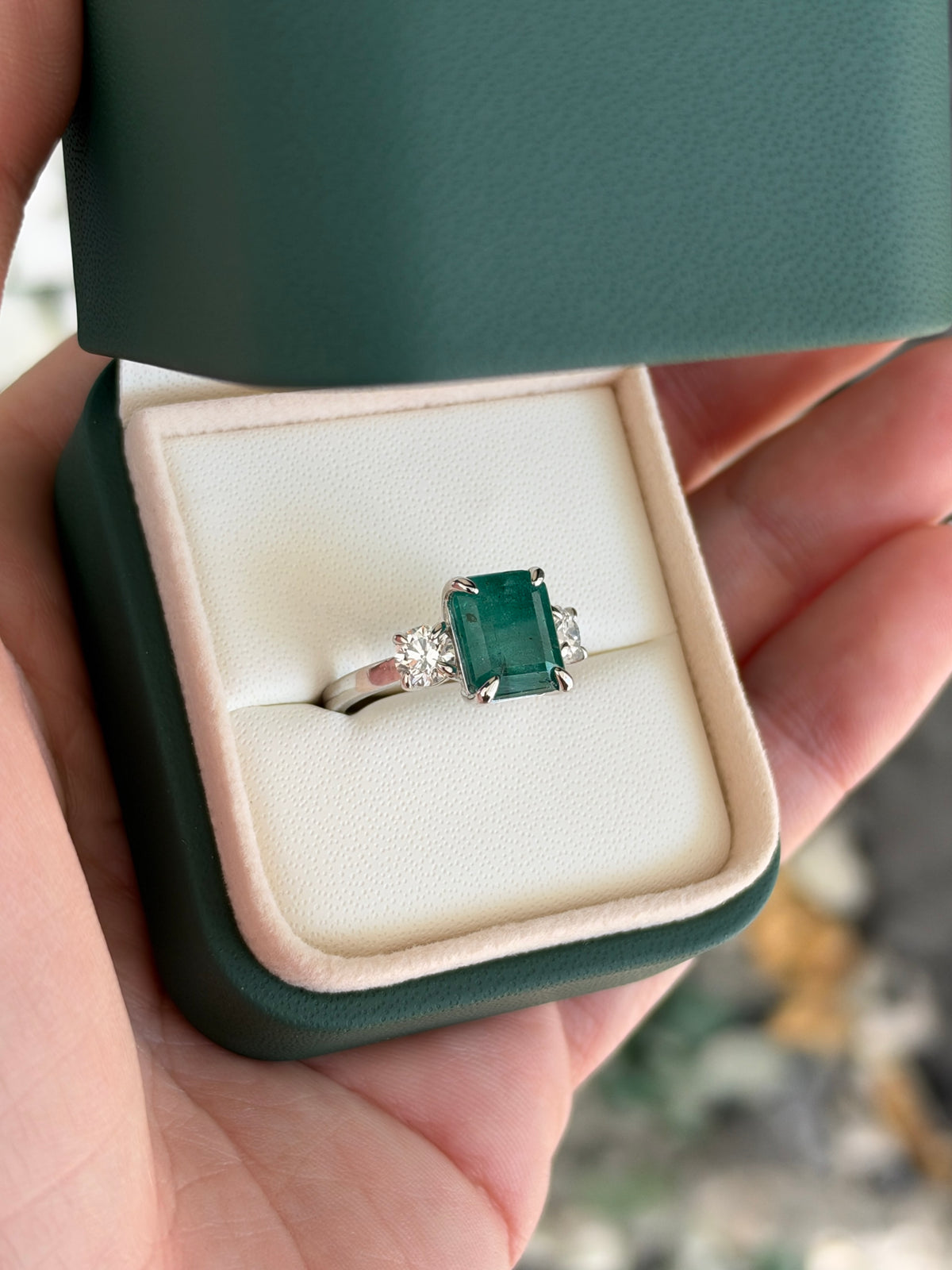 5.54tcw 14K Classic Emerald Cut Emerald & Round Lab Diamond Three Stone Ring in White Gold
