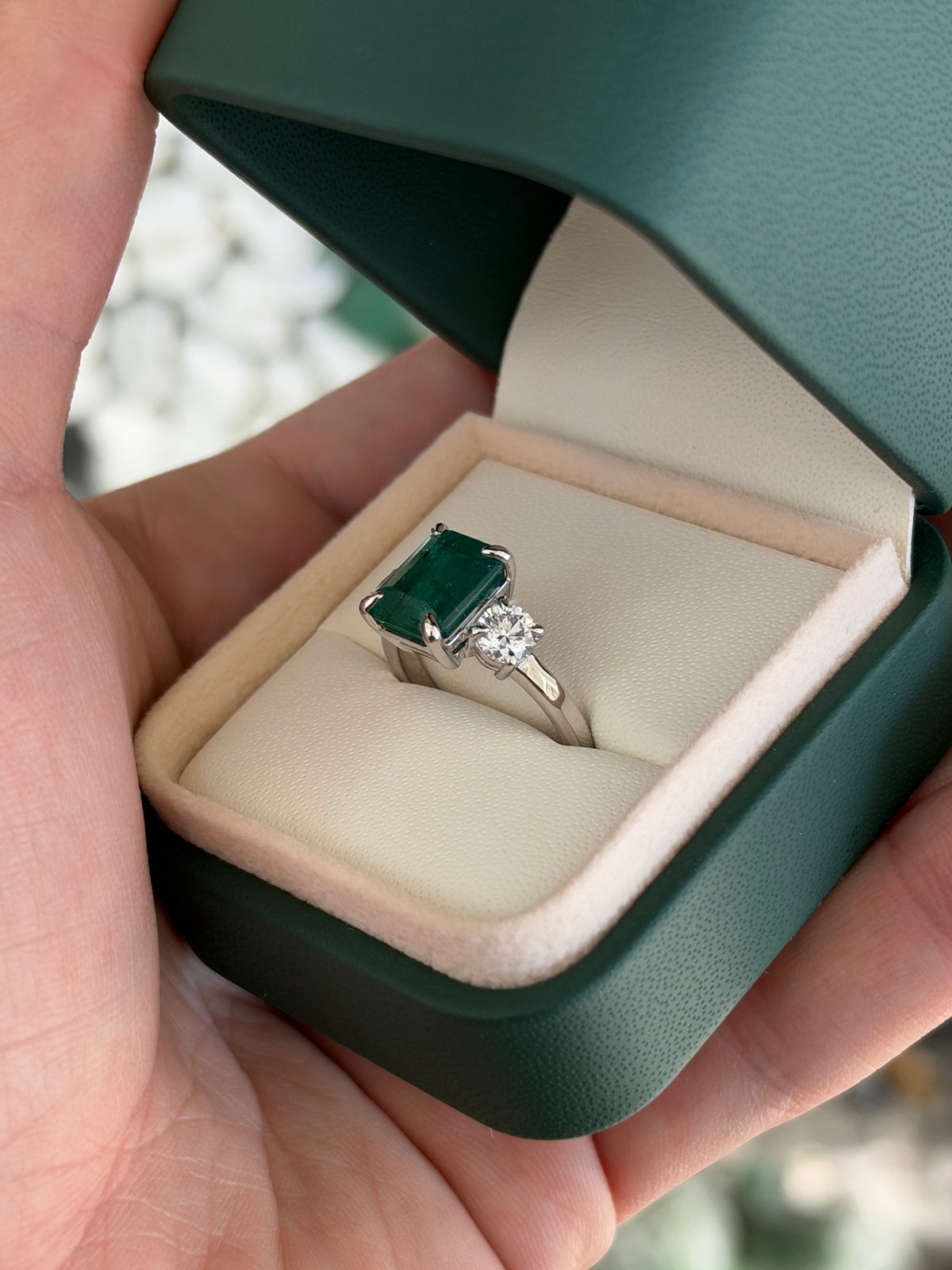 5.54tcw 14K Classic Emerald Cut Emerald & Round Lab Diamond Three Stone Ring in White Gold