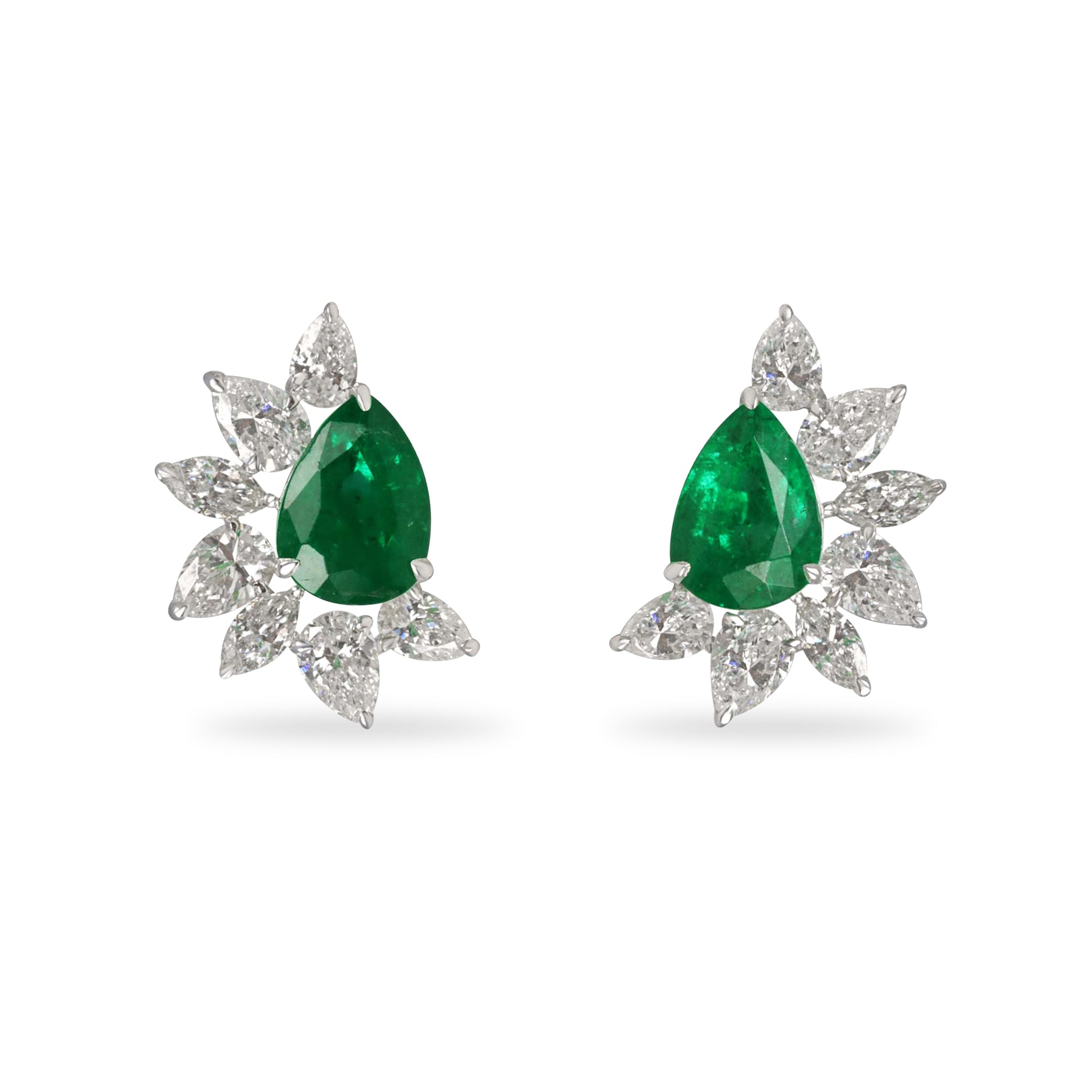 2.51tcw 18K Natural Rich Green Pear Emerald & Pear Diamond Starburst Stud Earrings - JR Colombian Emeralds