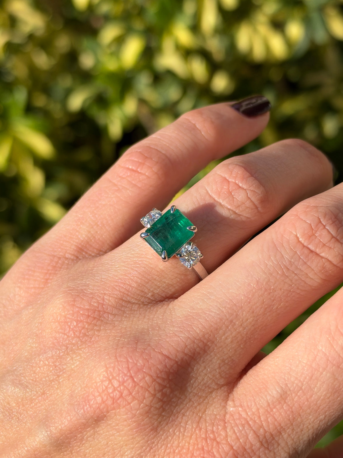 5.54tcw 14K Classic Emerald Cut Emerald & Round Lab Diamond Three Stone Ring in White Gold