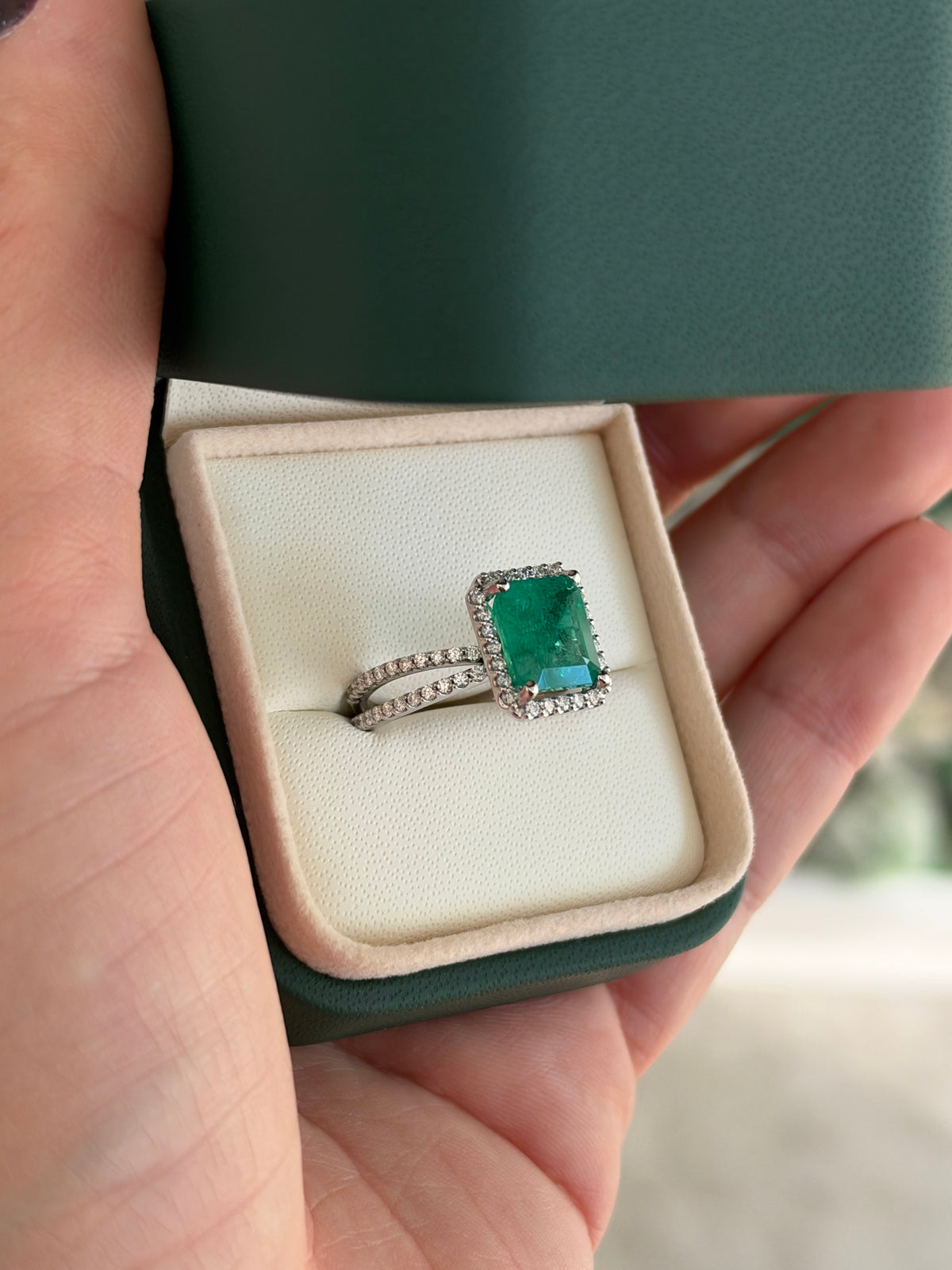 4.37tcw 14K Natural Emerald Cut Emerald & Diamond Halo Split Shank White Gold Engagement Ring