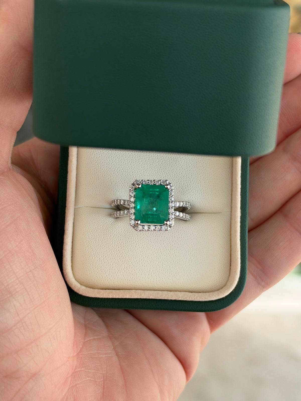 4.37tcw 14K Natural Emerald Cut Emerald & Diamond Halo Split Shank White Gold Engagement Ring
