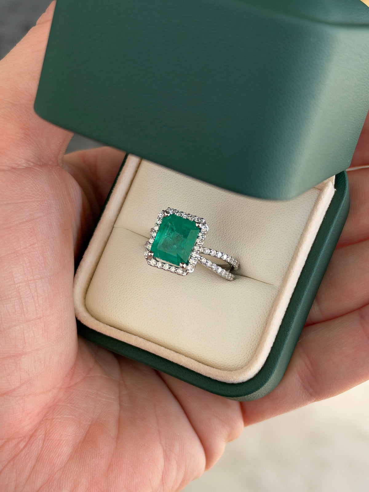 4.37tcw 14K Natural Emerald Cut Emerald & Diamond Halo Split Shank White Gold Engagement Ring