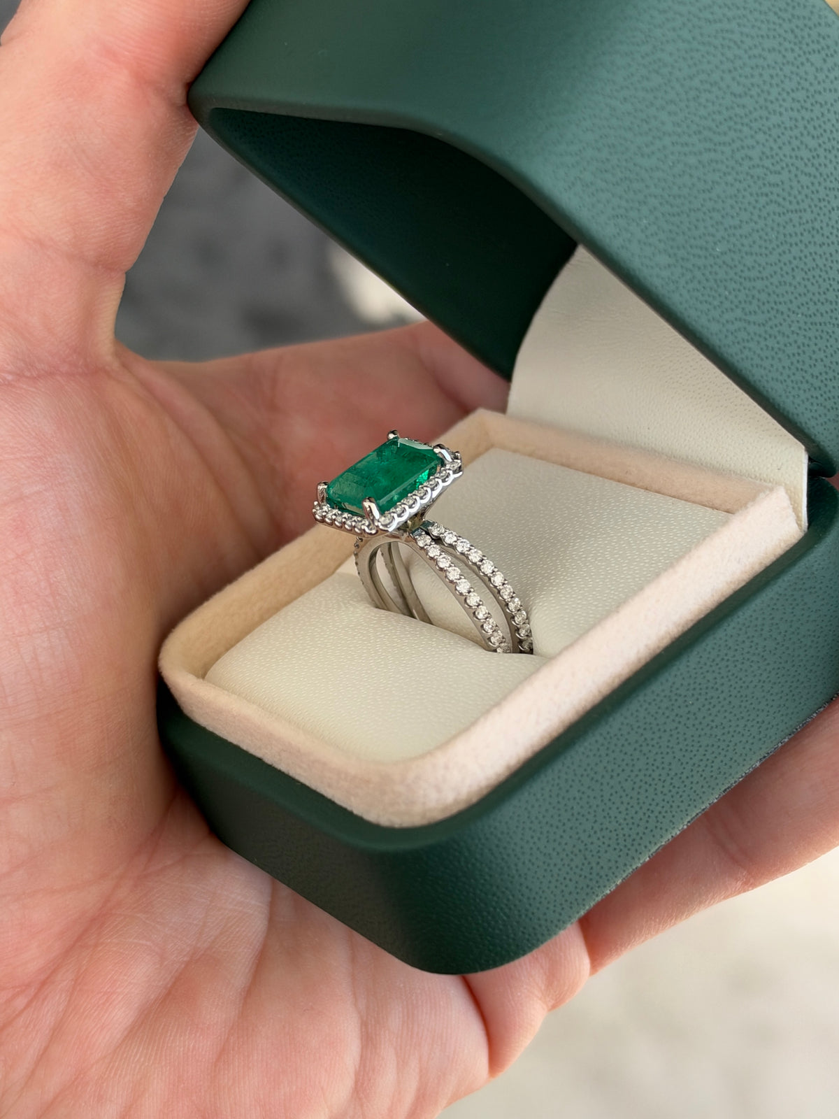 4.37tcw 14K Natural Emerald Cut Emerald & Diamond Halo Split Shank White Gold Engagement Ring