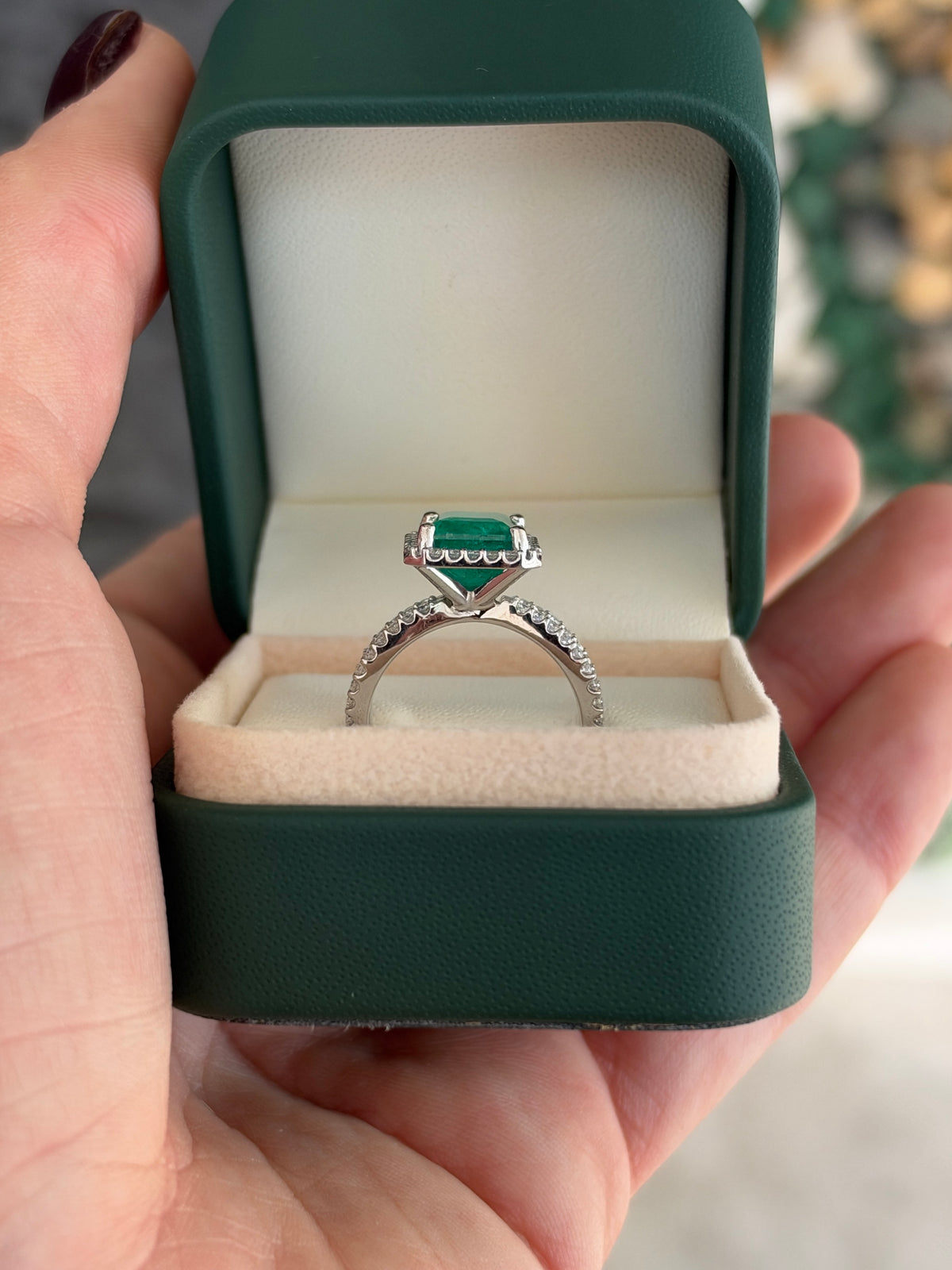 4.37tcw 14K Natural Emerald Cut Emerald & Diamond Halo Split Shank White Gold Engagement Ring