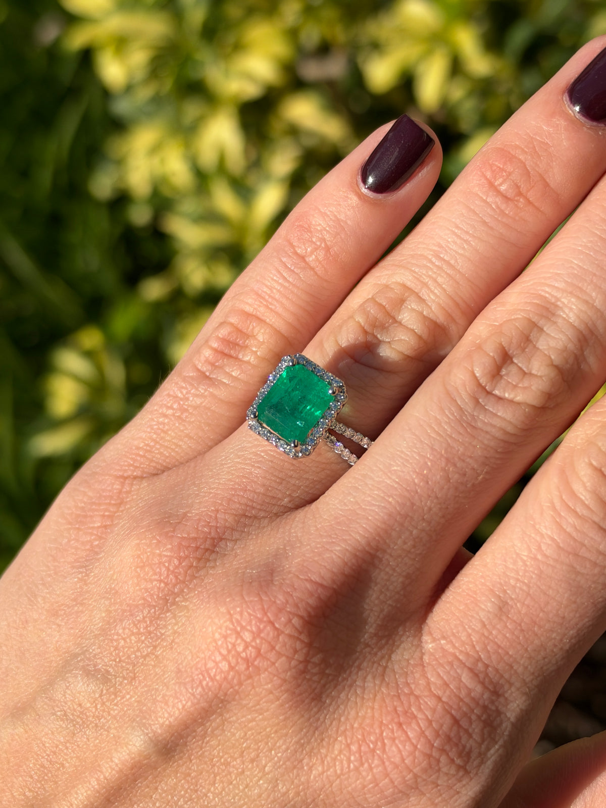 4.37tcw 14K Natural Emerald Cut Emerald & Diamond Halo Split Shank White Gold Engagement Ring