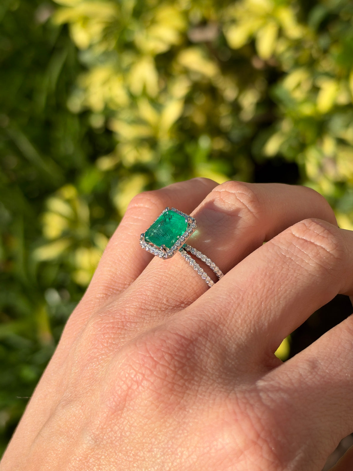 4.37tcw 14K Natural Emerald Cut Emerald & Diamond Halo Split Shank White Gold Engagement Ring