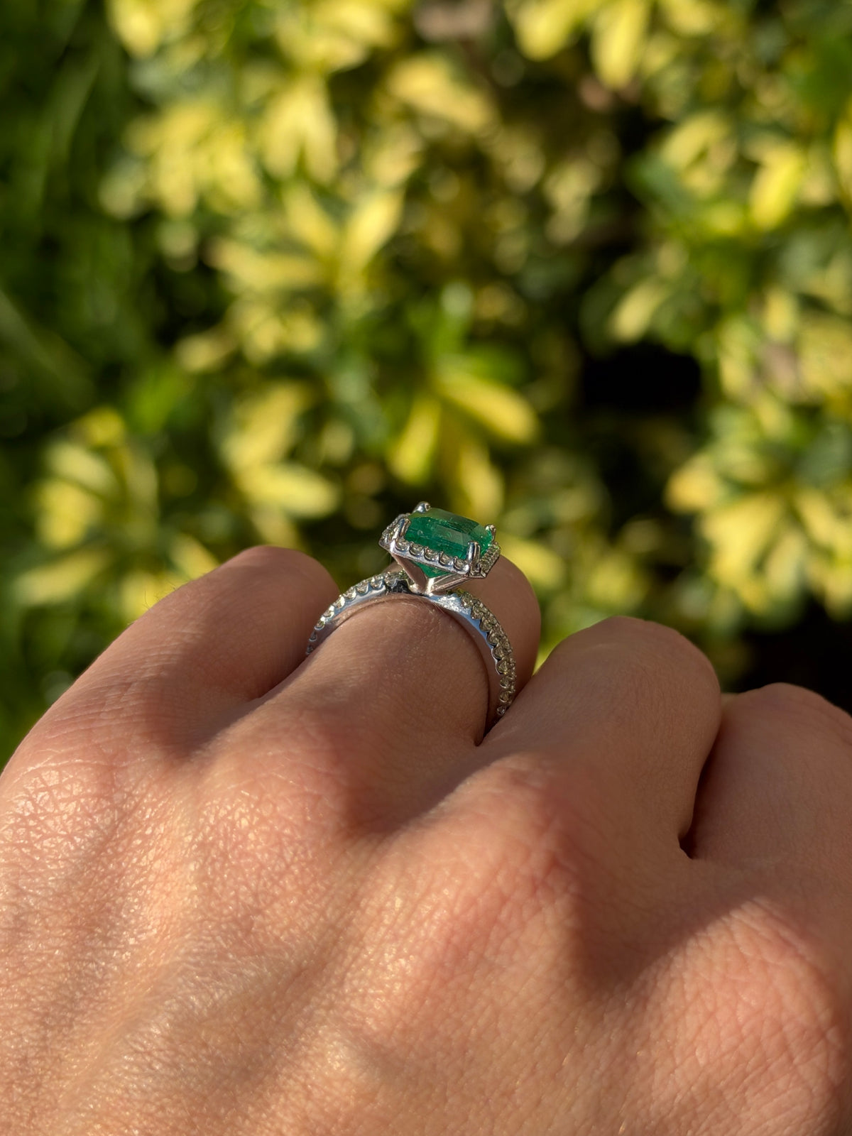 4.37tcw 14K Natural Emerald Cut Emerald & Diamond Halo Split Shank White Gold Engagement Ring