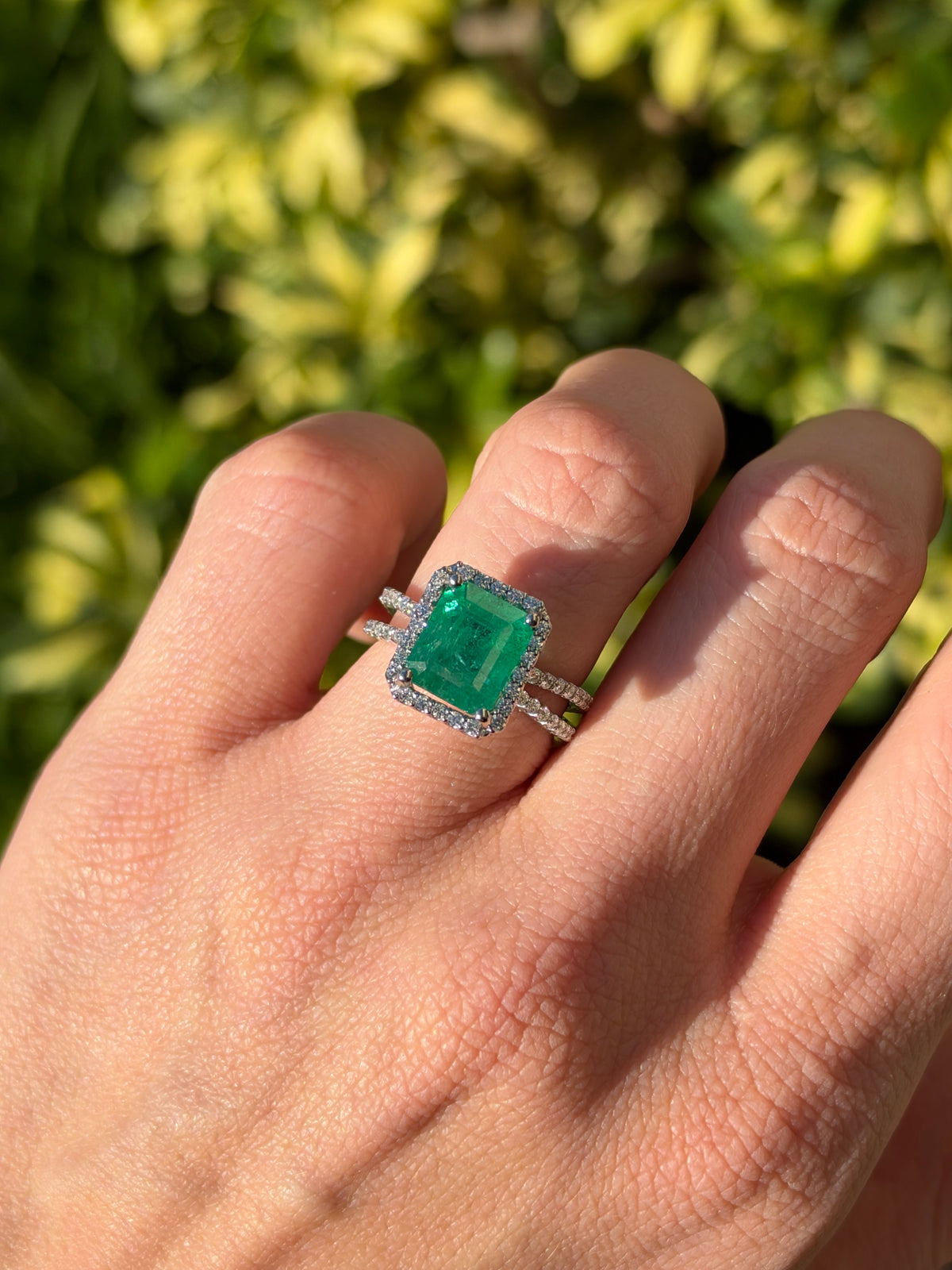 4.37tcw 14K Natural Emerald Cut Emerald & Diamond Halo Split Shank White Gold Engagement Ring