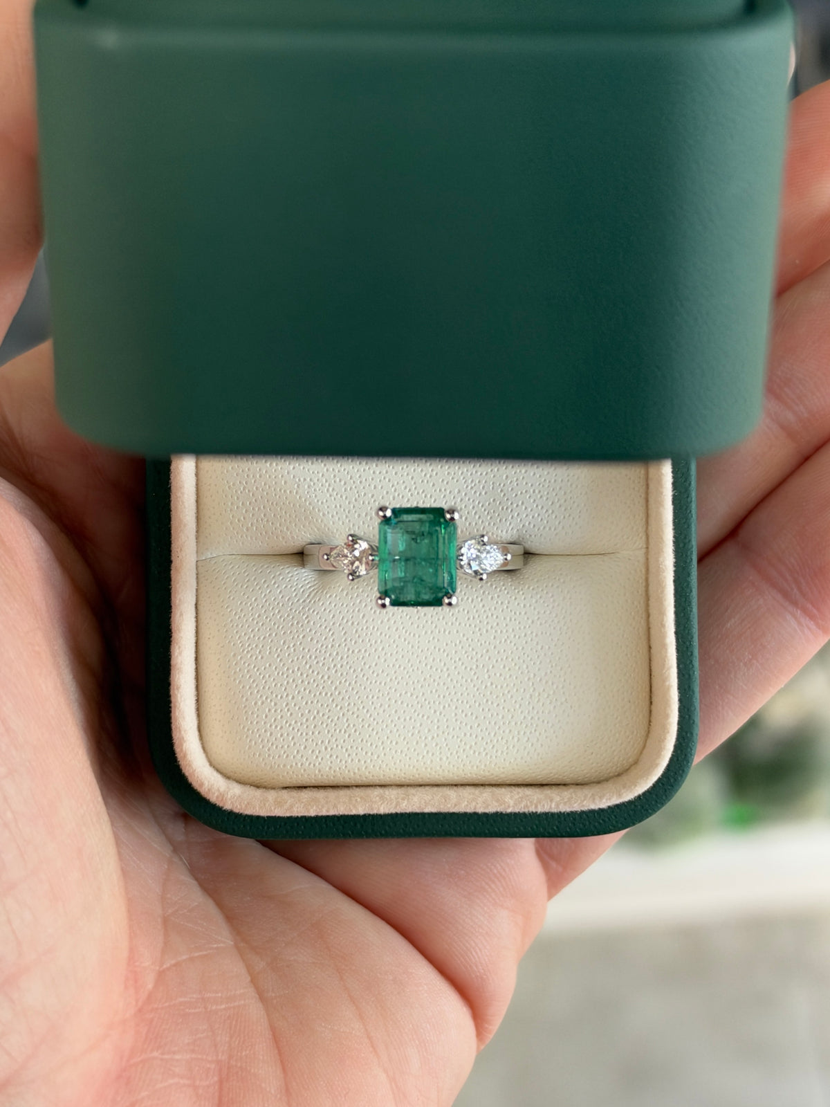2.51tcw 14K Bluish Green Emerald Cut Emerald & Lab Diamond Pear Three Stone Ring