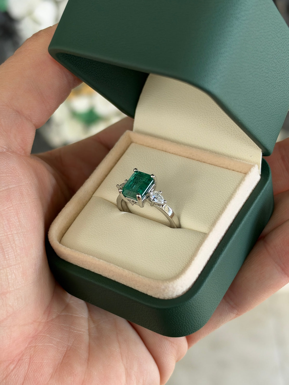 2.51tcw 14K Bluish Green Emerald Cut Emerald & Lab Diamond Pear Three Stone Ring