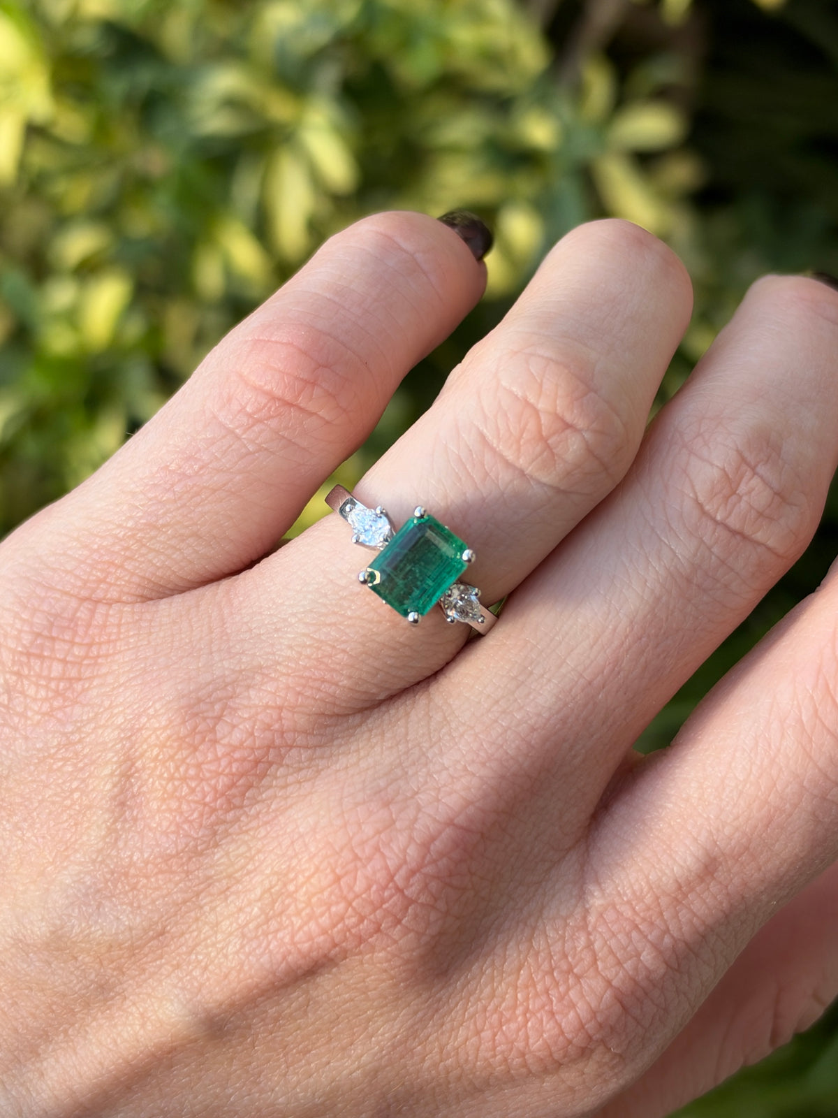 2.51tcw 14K Bluish Green Emerald Cut Emerald & Lab Diamond Pear Three Stone Ring