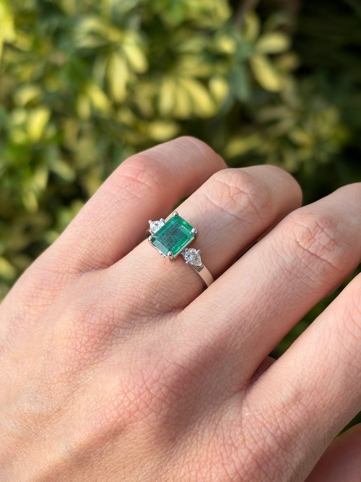 2.51tcw 14K Bluish Green Emerald Cut Emerald & Lab Diamond Pear Three Stone Ring