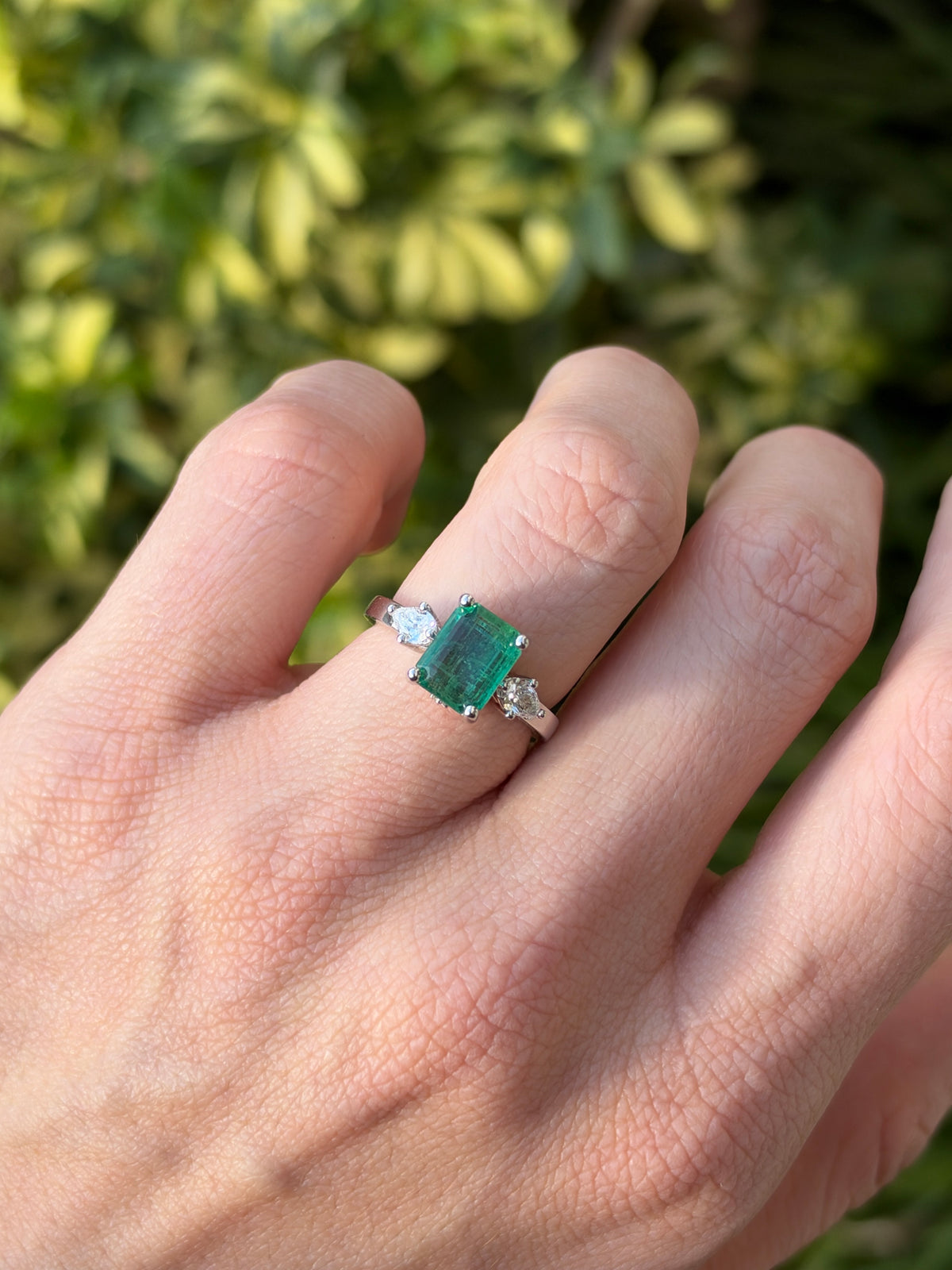 2.51tcw 14K Bluish Green Emerald Cut Emerald & Lab Diamond Pear Three Stone Ring
