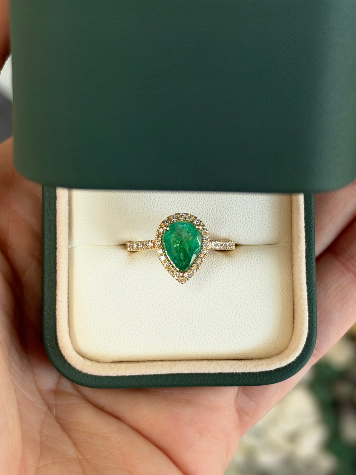 1.77tcw 14K Natural Pear Cut Emerald & Lab Diamond Halo Shank Engagement Ring
