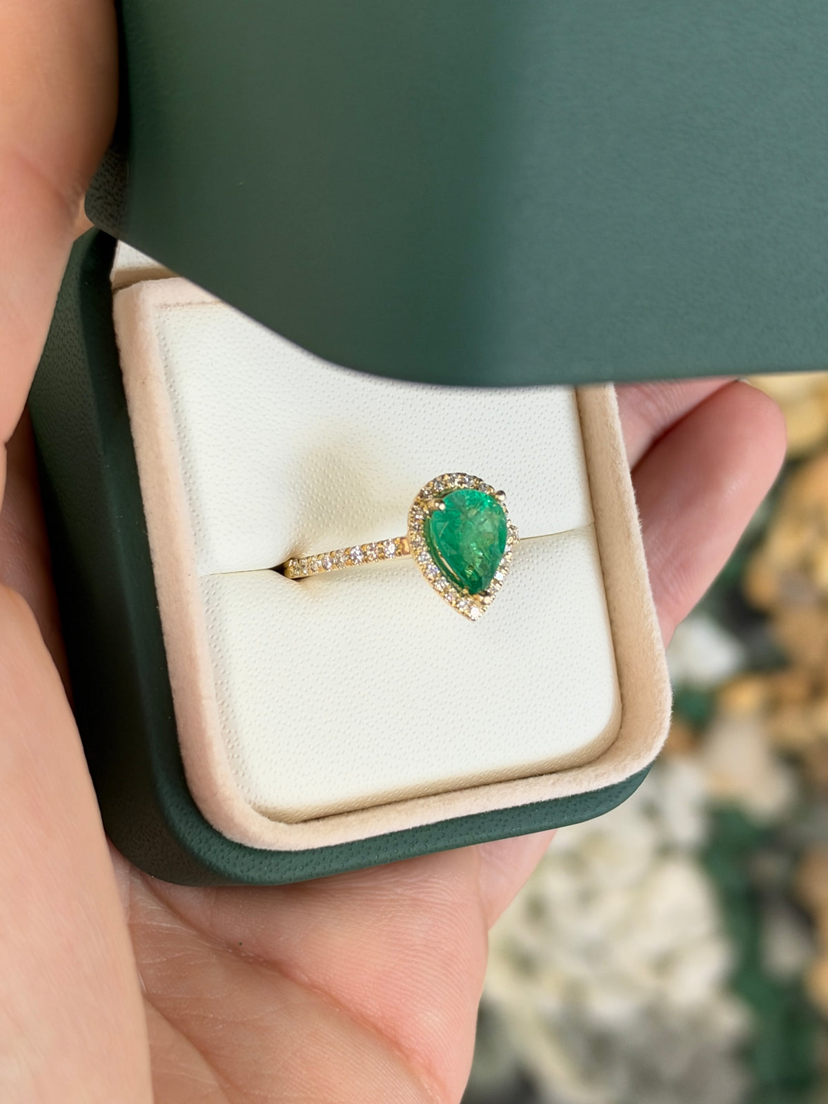 1.77tcw 14K Natural Pear Cut Emerald & Lab Diamond Halo Shank Engagement Ring