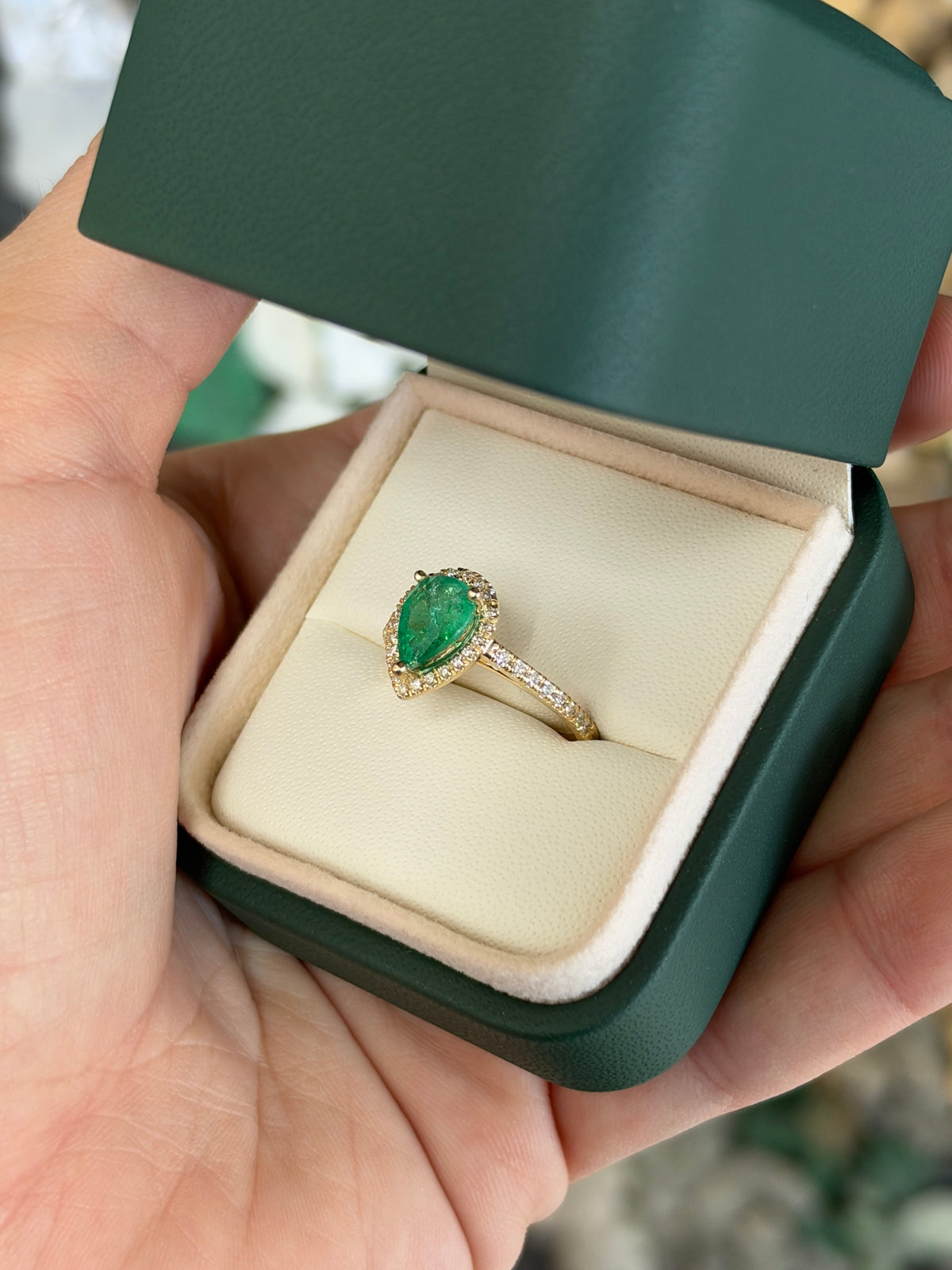 1.77tcw 14K Natural Pear Cut Emerald & Lab Diamond Halo Shank Engagement Ring