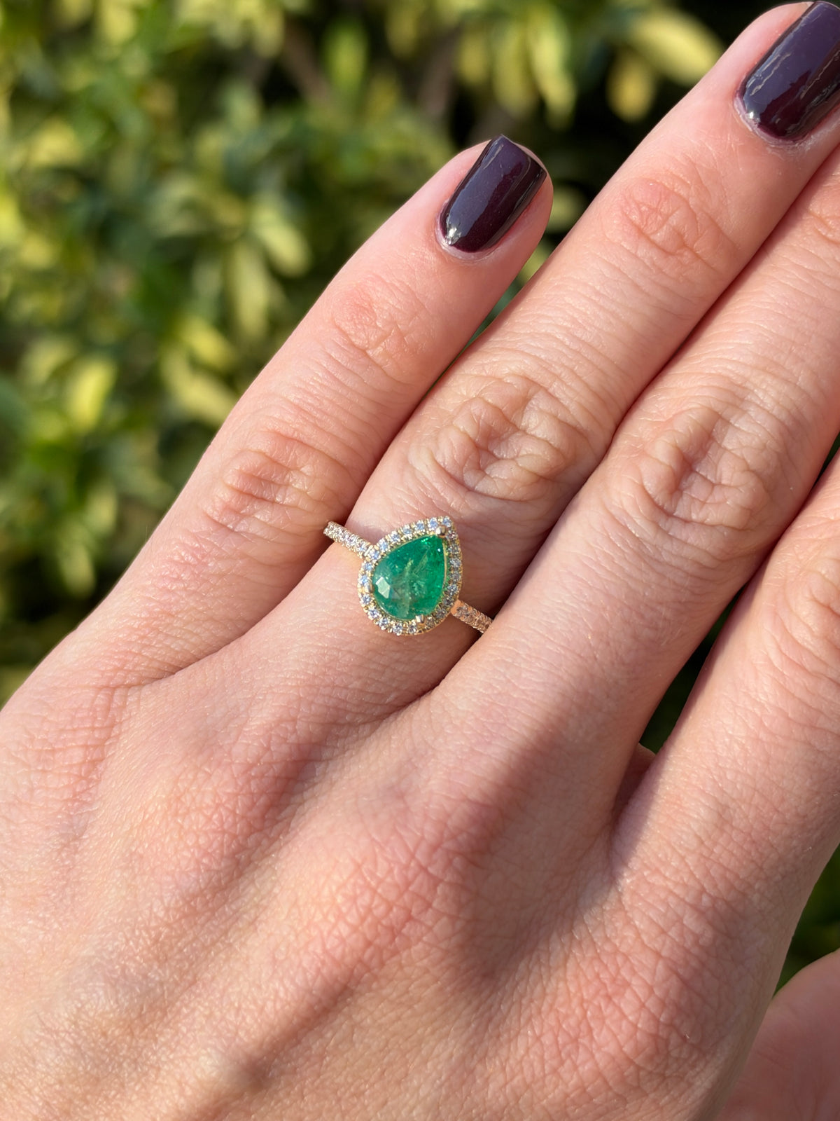 1.77tcw 14K Natural Pear Cut Emerald & Lab Diamond Halo Shank Engagement Ring