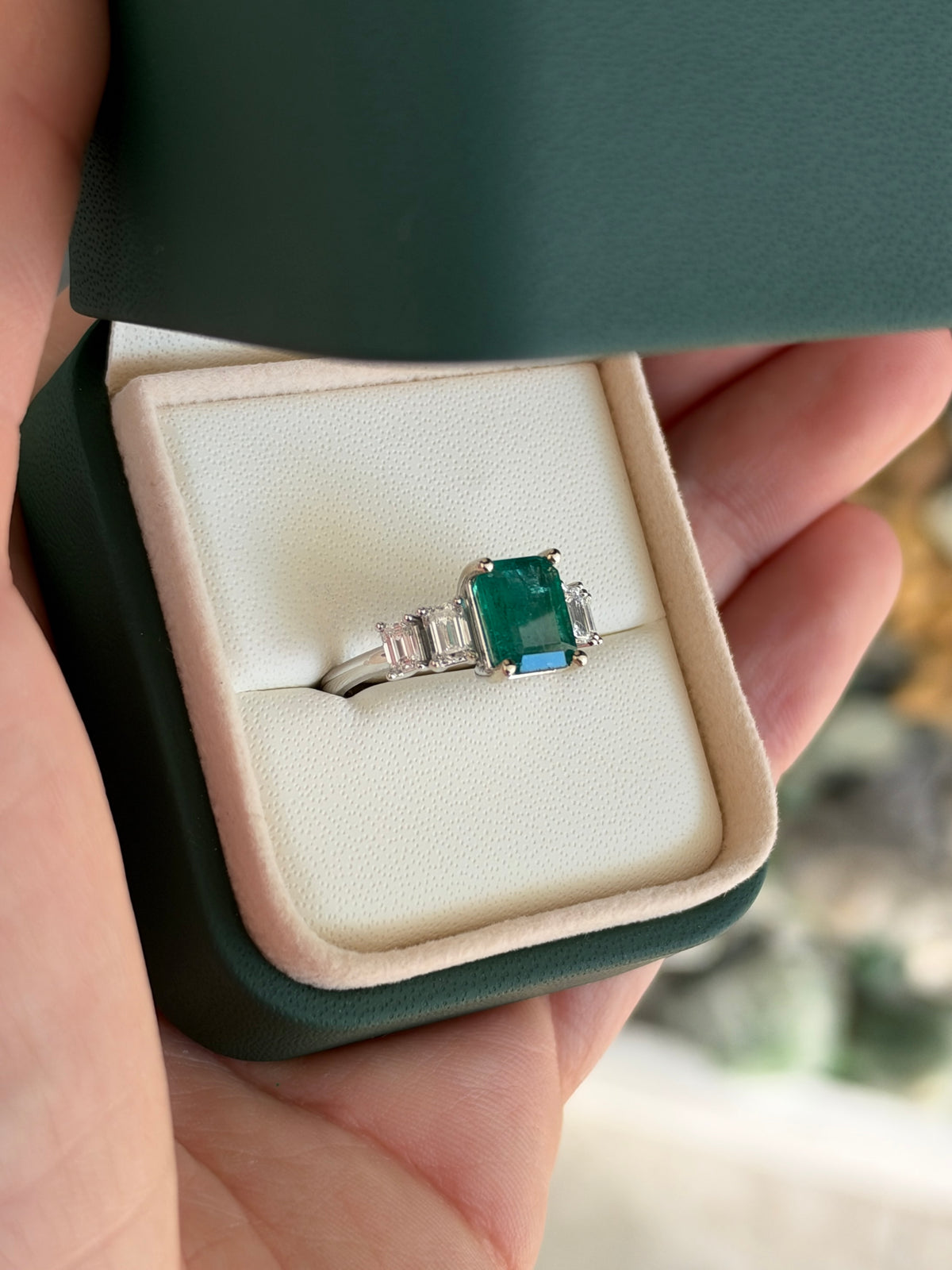 4.03tcw Natural Emerald & Emerald Cut Diamond Five Stone Engagement Ring 14K White Gold