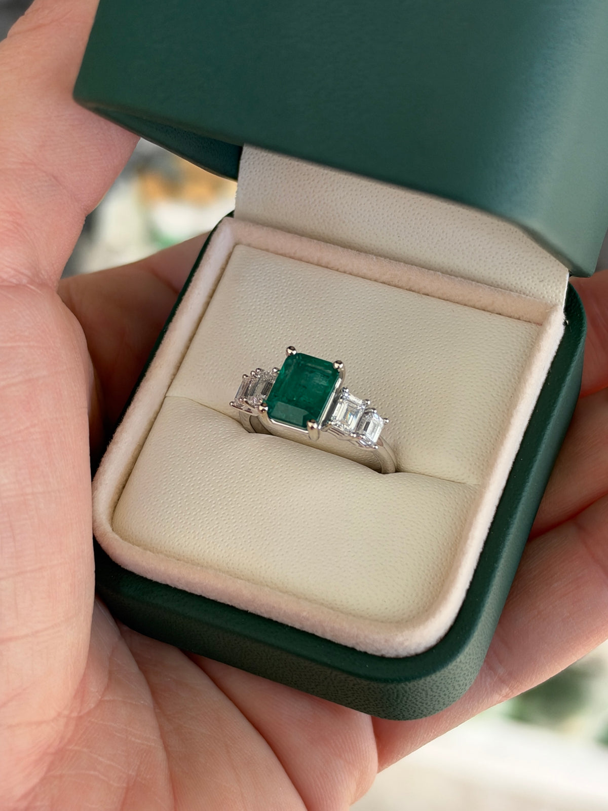 4.03tcw Natural Emerald & Emerald Cut Diamond Five Stone Engagement Ring 14K White Gold