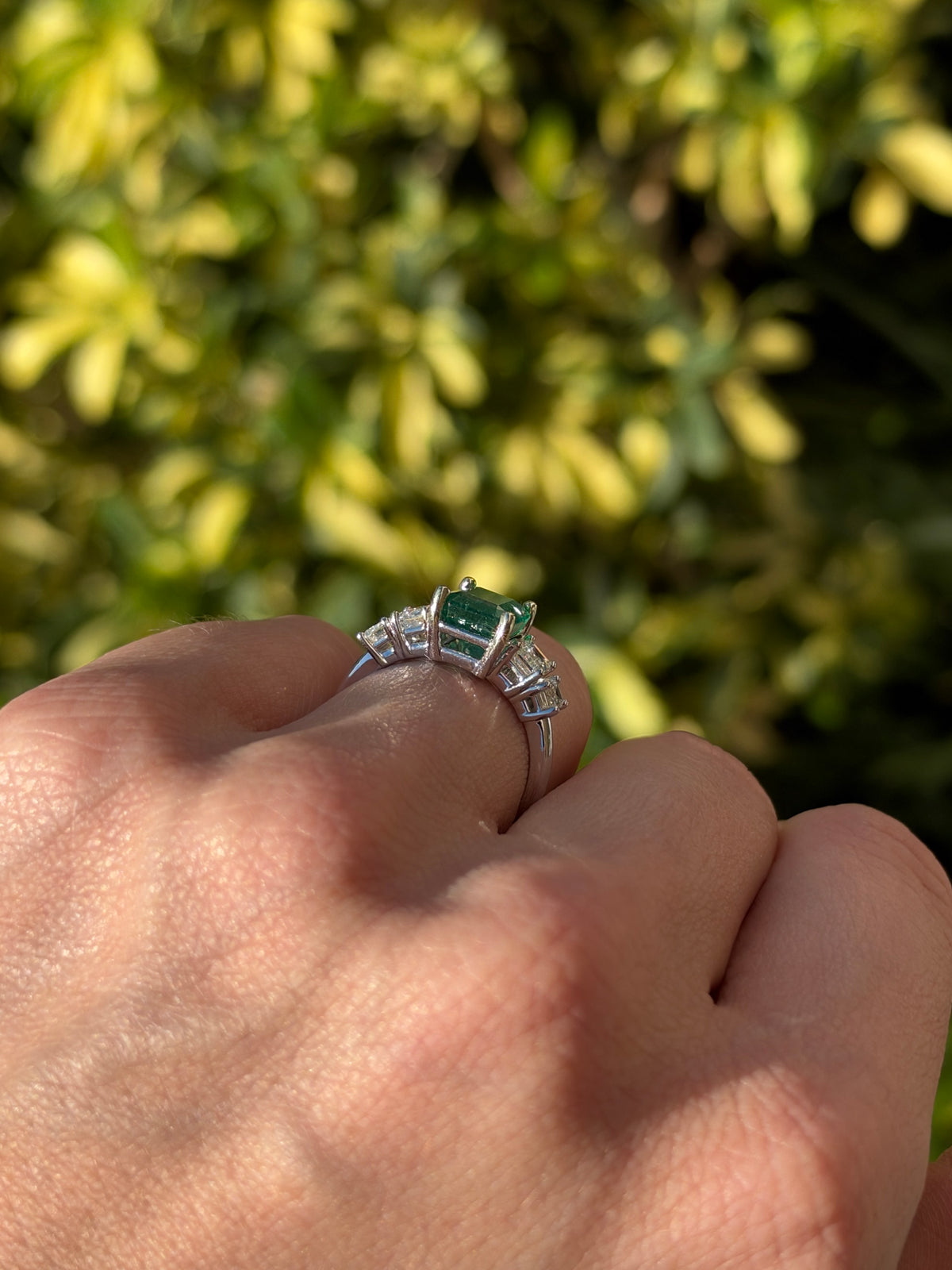 4.03tcw Natural Emerald & Emerald Cut Diamond Five Stone Engagement Ring 14K White Gold