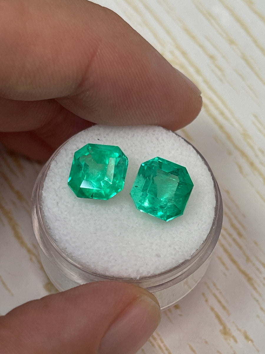 9x9 Asscher Cut Colombian Emeralds - A Set of 6.98 Carat Green Loose Gemstones