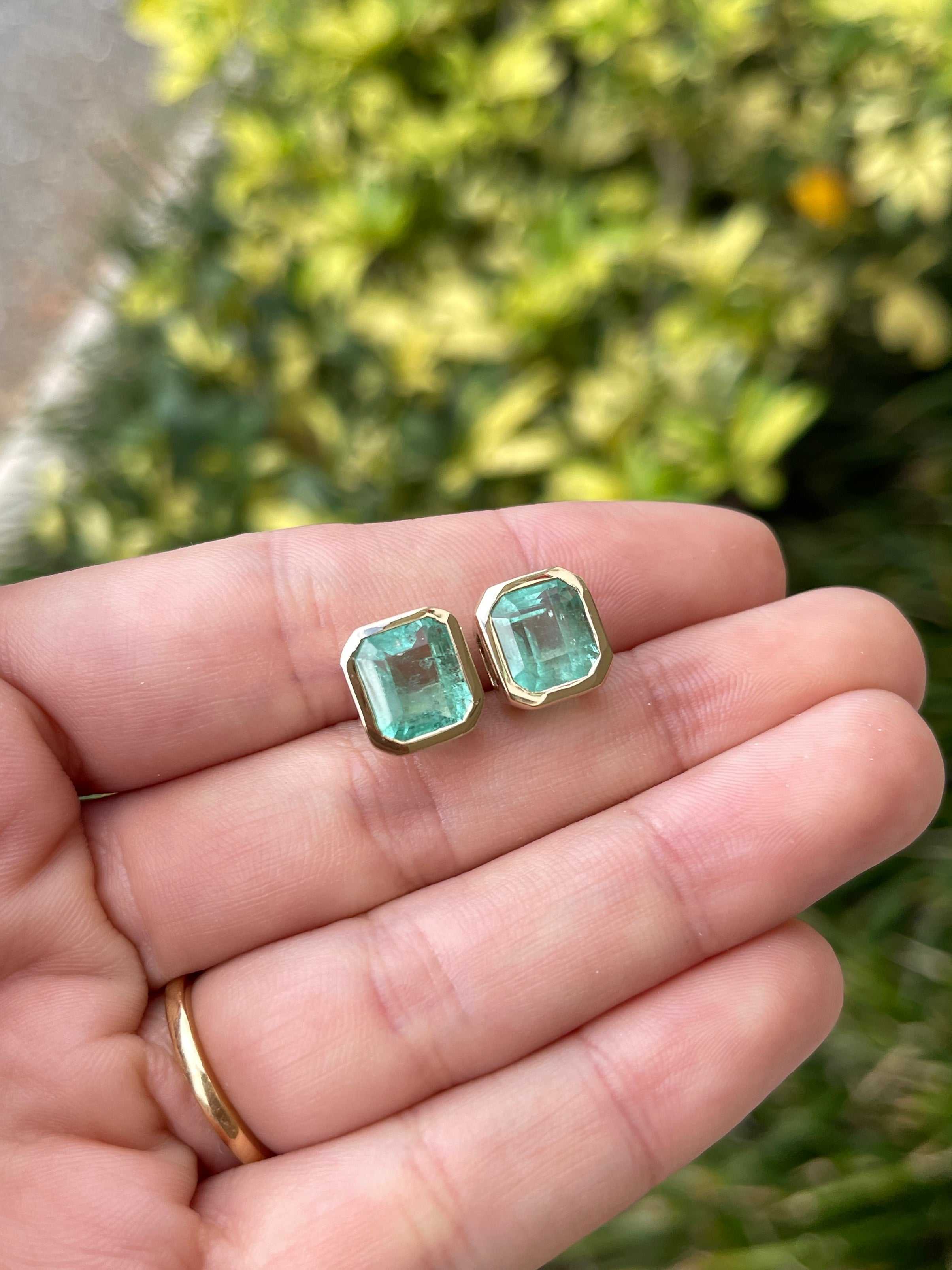 6.80tcw Bezel Set Natural Colombian Emerald Stud Earrings