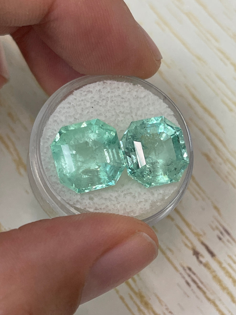 Asscher Cut Colombian Emeralds - 16.34 Carats Combined - Light Green Shade - Size 12.2x12