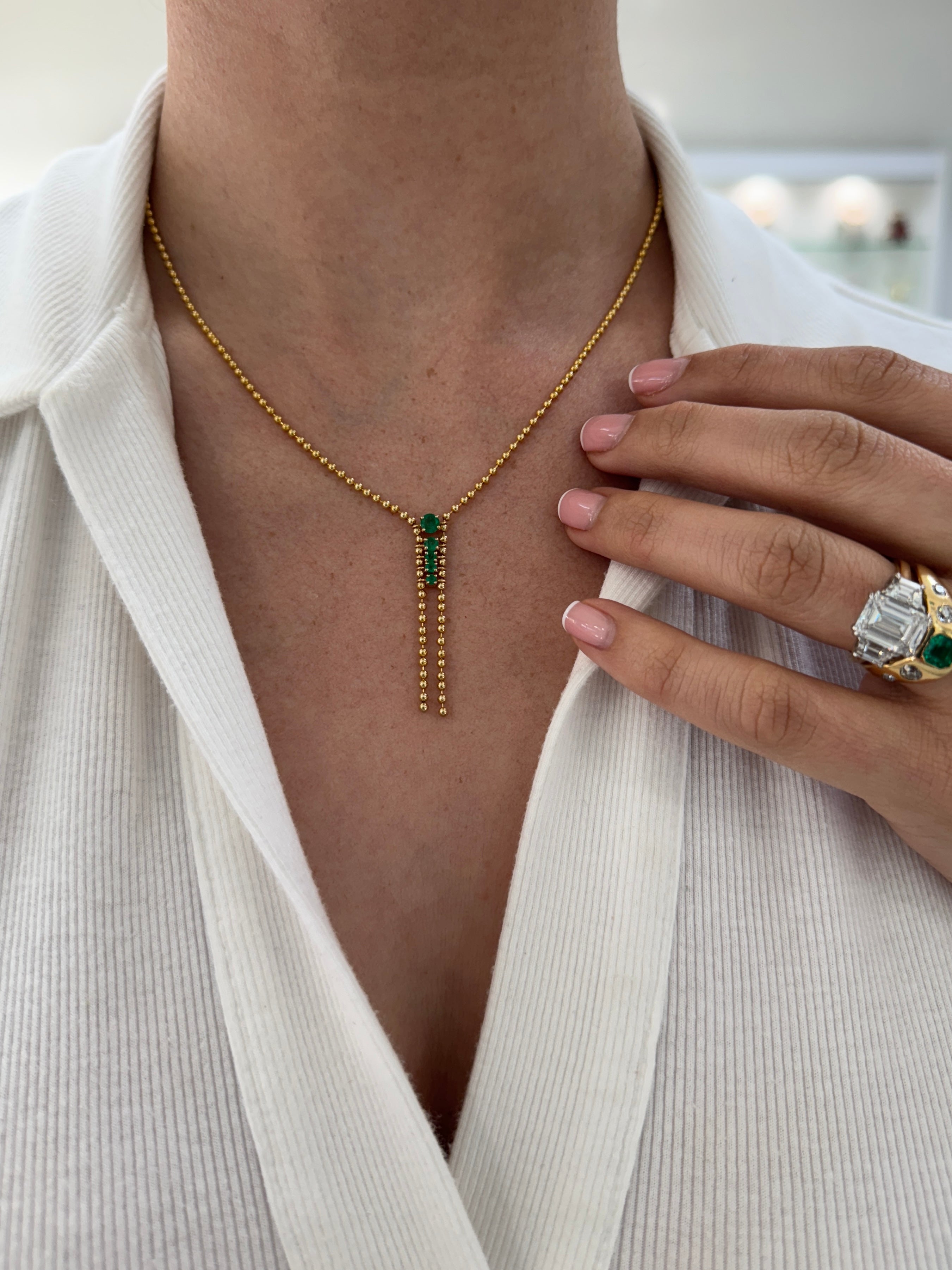 0.63tcw 14K Rich Green Emerald Lariat Gold Statement Necklace