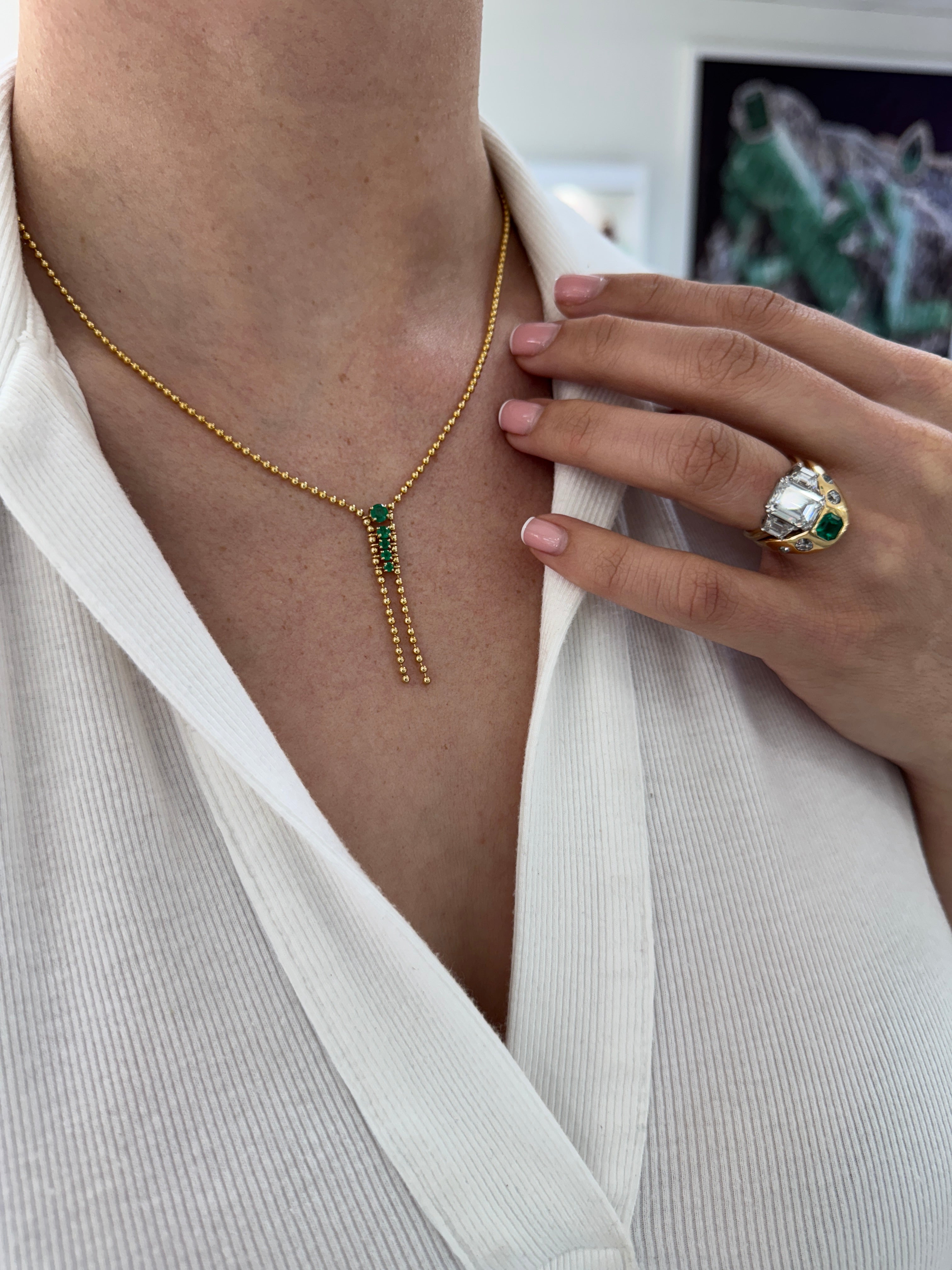 0.63tcw 14K Rich Green Emerald Lariat Gold Statement Necklace