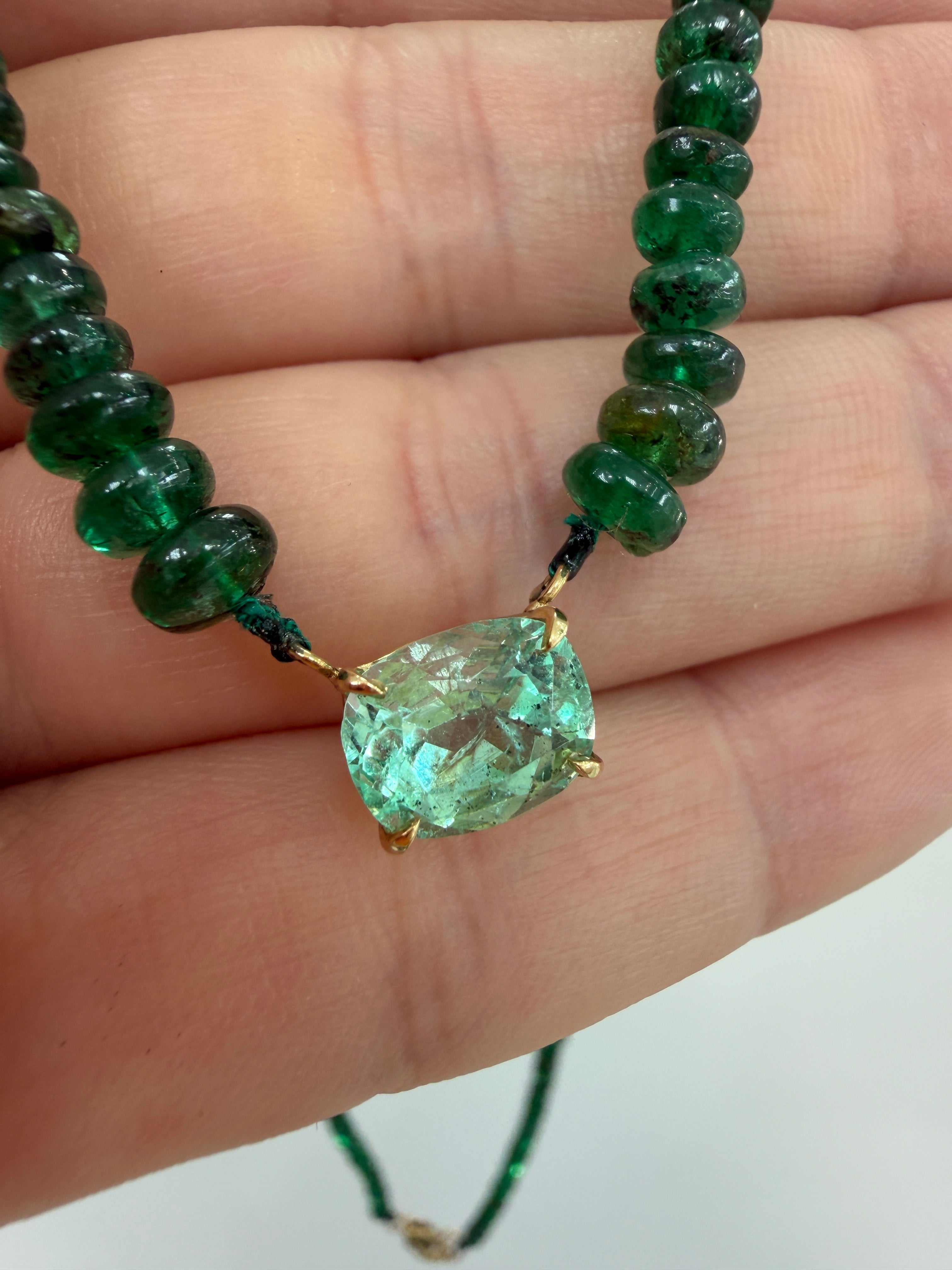 32 Carat Cushion Cut Emerald & Emerald Bead Necklace 14K