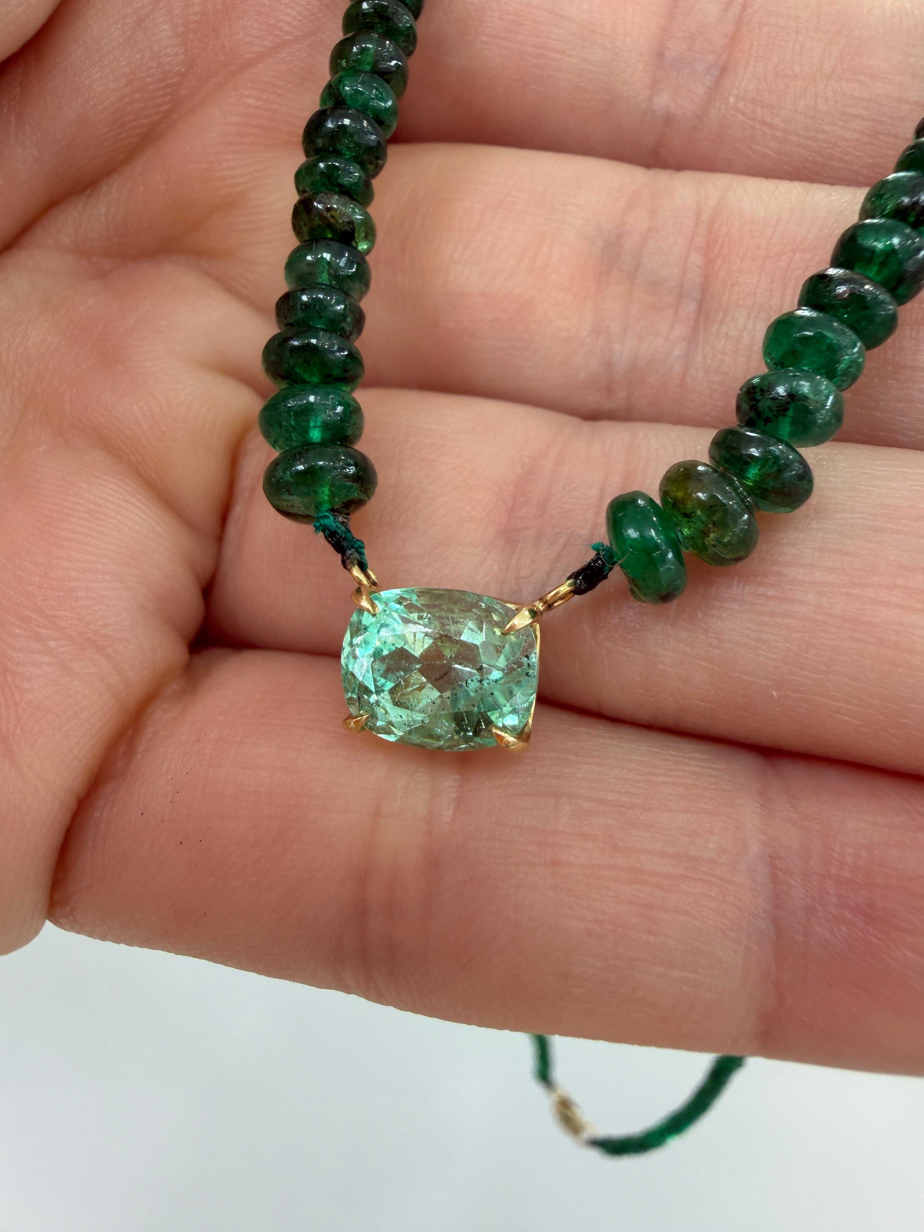 32 Carat Cushion Cut Emerald & Emerald Bead Necklace 14K