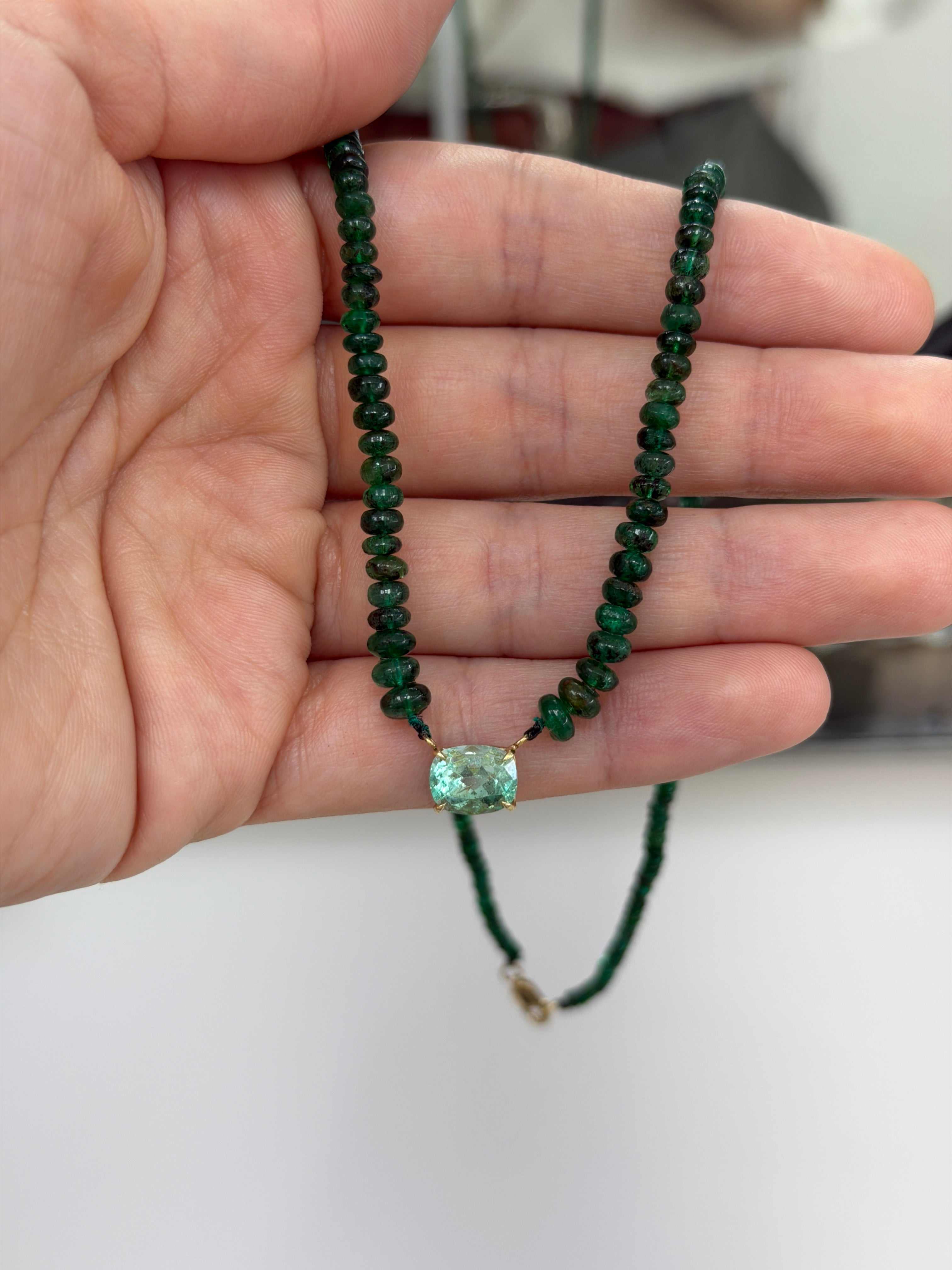 32 Carat Cushion Cut Emerald & Emerald Bead Necklace 14K