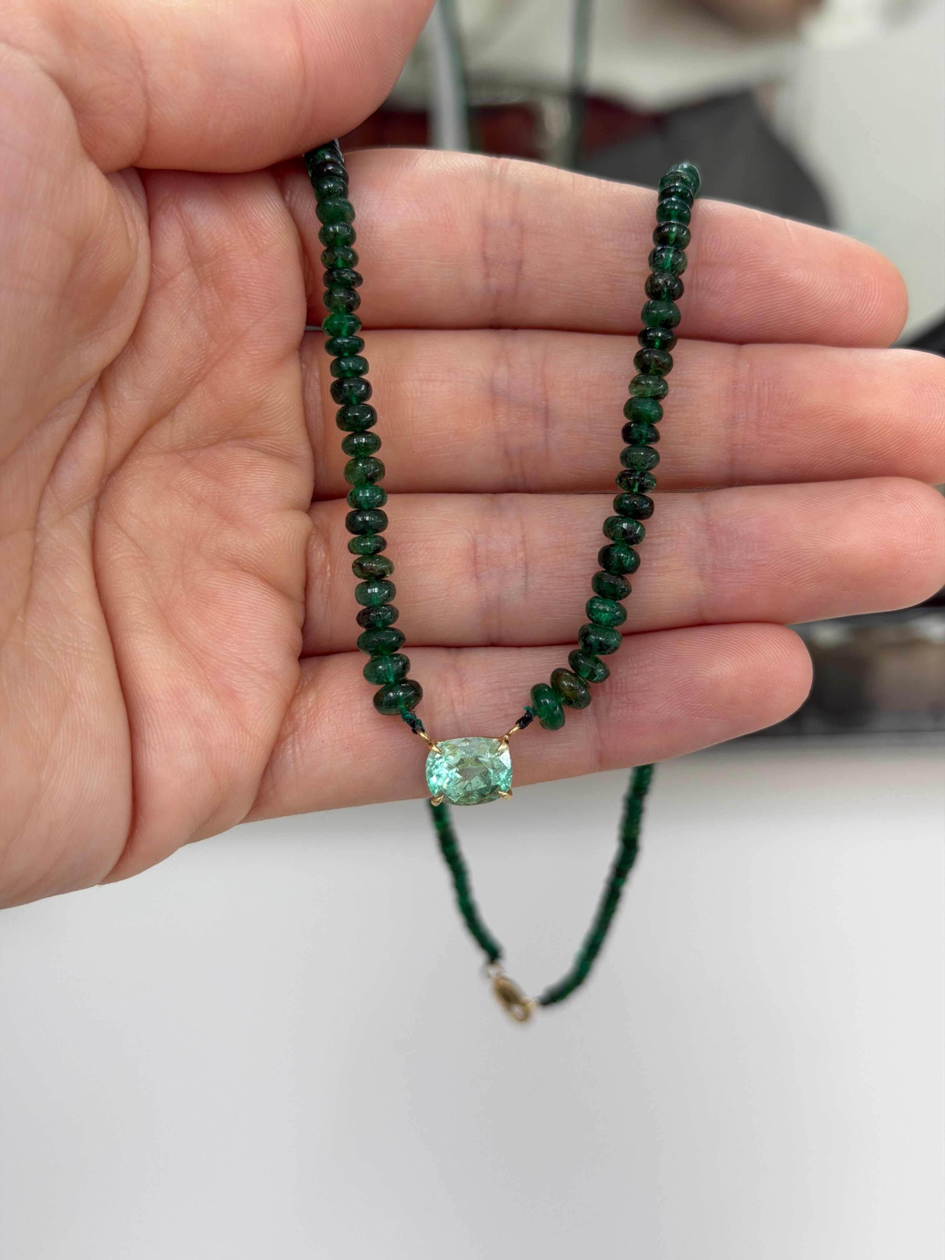 32 Carat Cushion Cut Emerald & Emerald Bead Necklace 14K