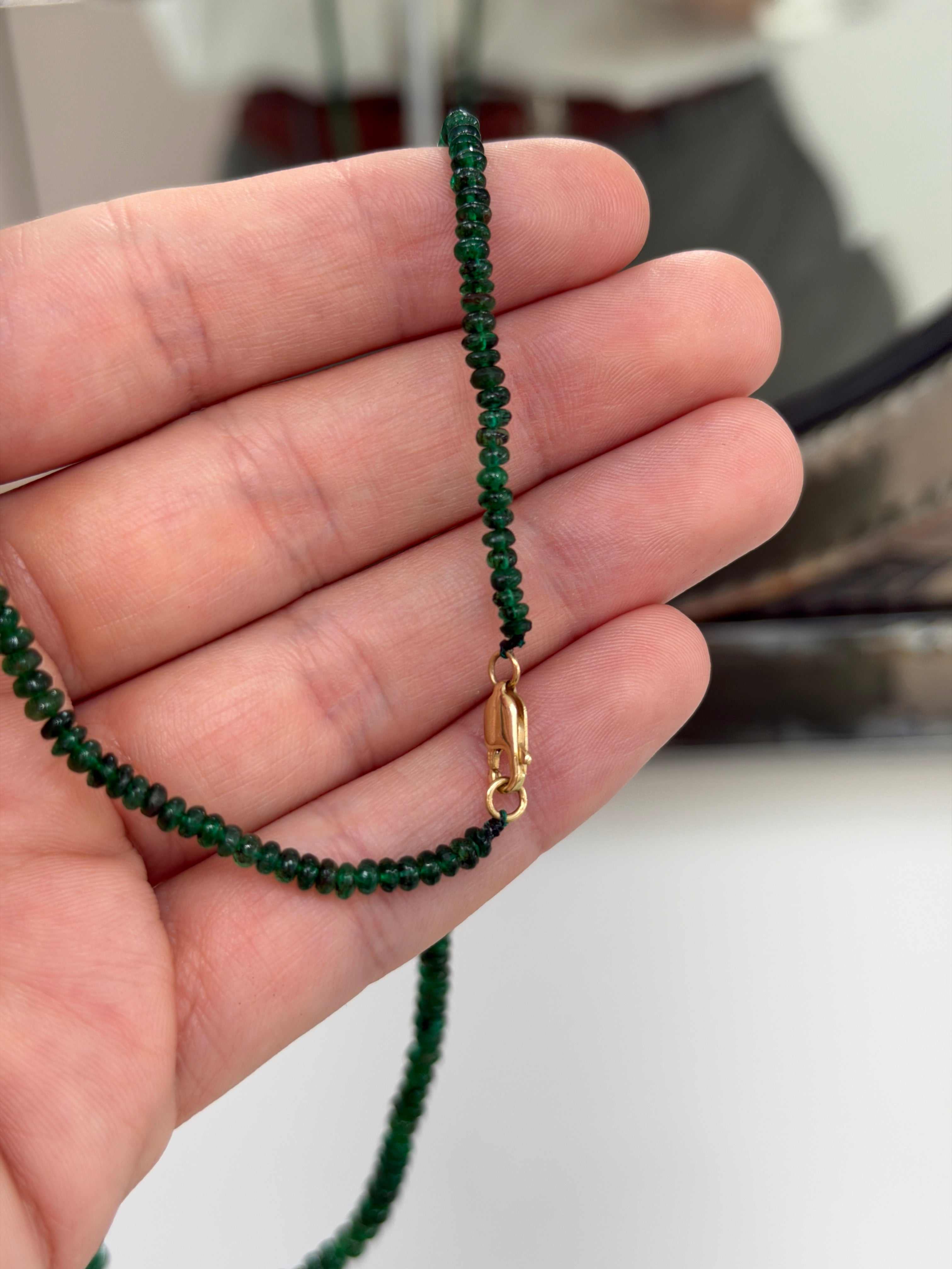 32 Carat Cushion Cut Emerald & Emerald Bead Necklace 14K