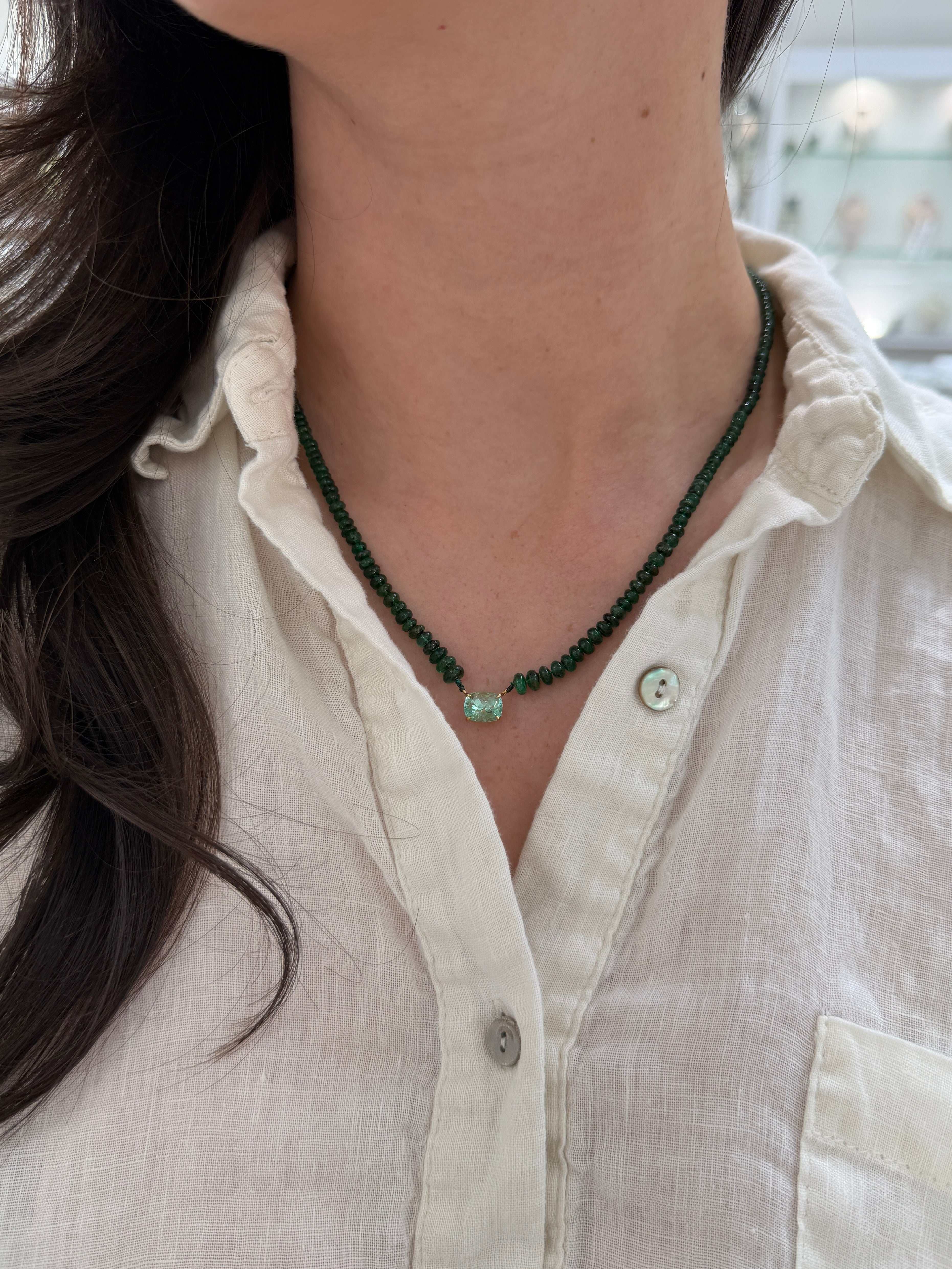 32 Carat Cushion Cut Emerald & Emerald Bead Necklace 14K