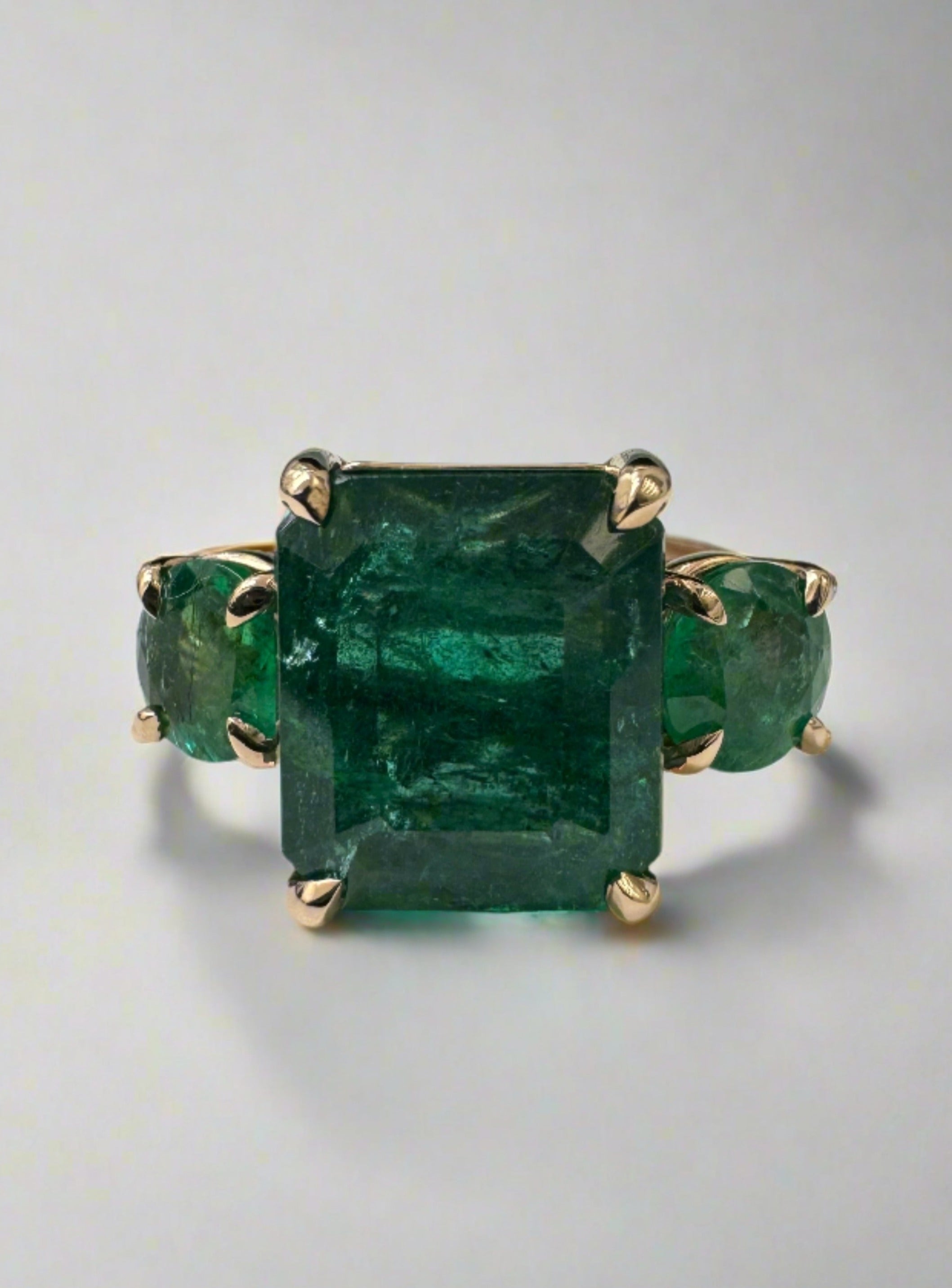 6.90tcw Natural Emerald-Emerald Cut & Round Emerald Three Stone 14K Rose Gold - JR Colombian Emeralds