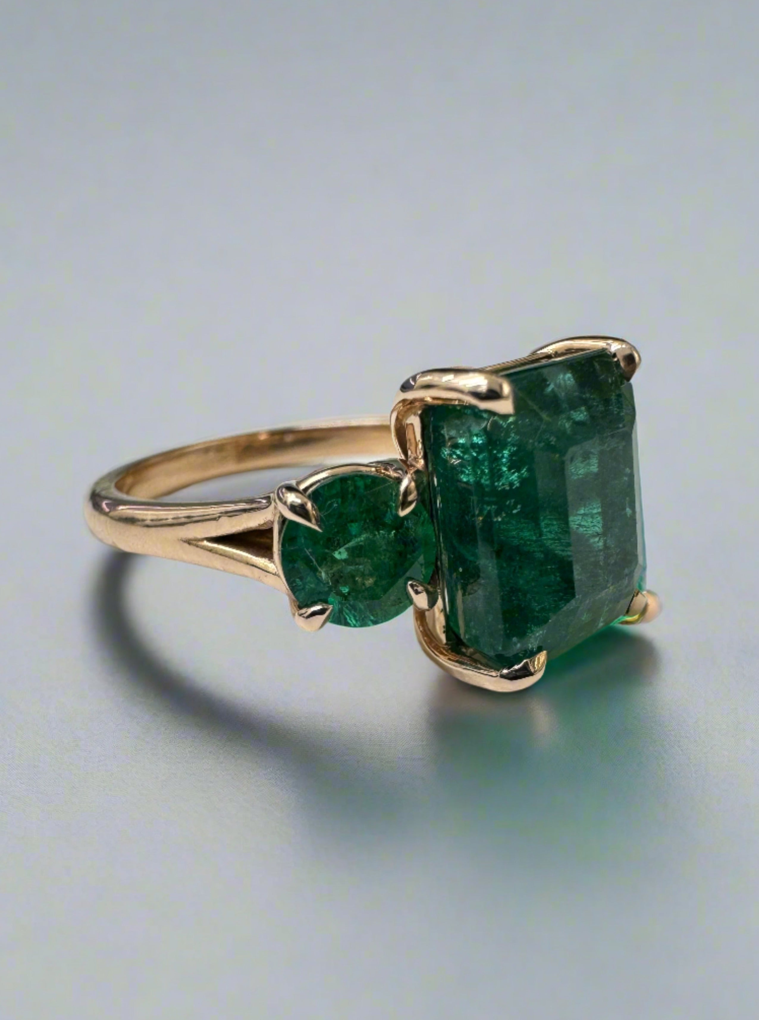 6.90tcw Natural Emerald-Emerald Cut & Round Emerald Three Stone 14K Rose Gold - JR Colombian Emeralds