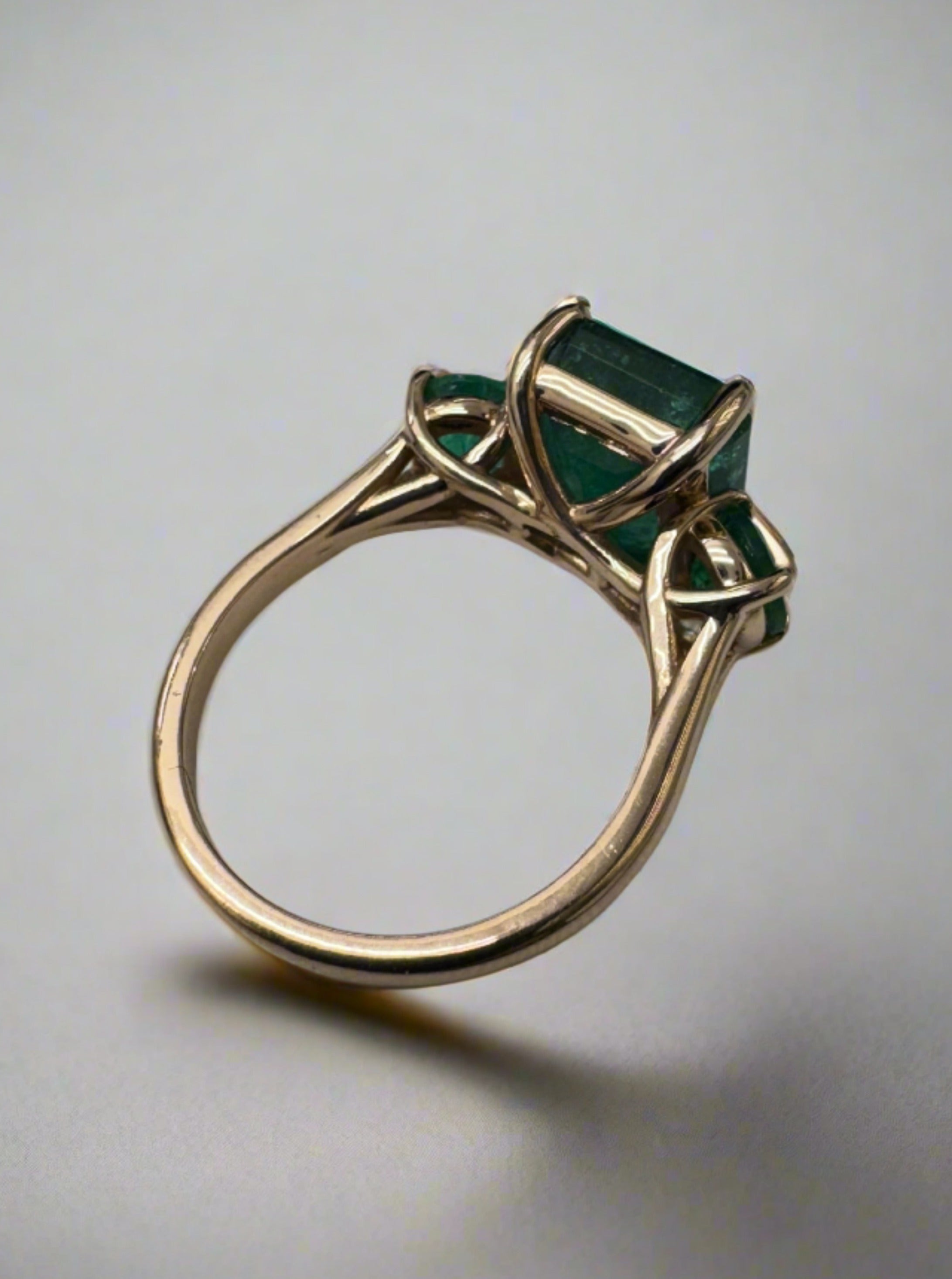 6.90tcw Natural Emerald-Emerald Cut & Round Emerald Three Stone 14K Rose Gold - JR Colombian Emeralds