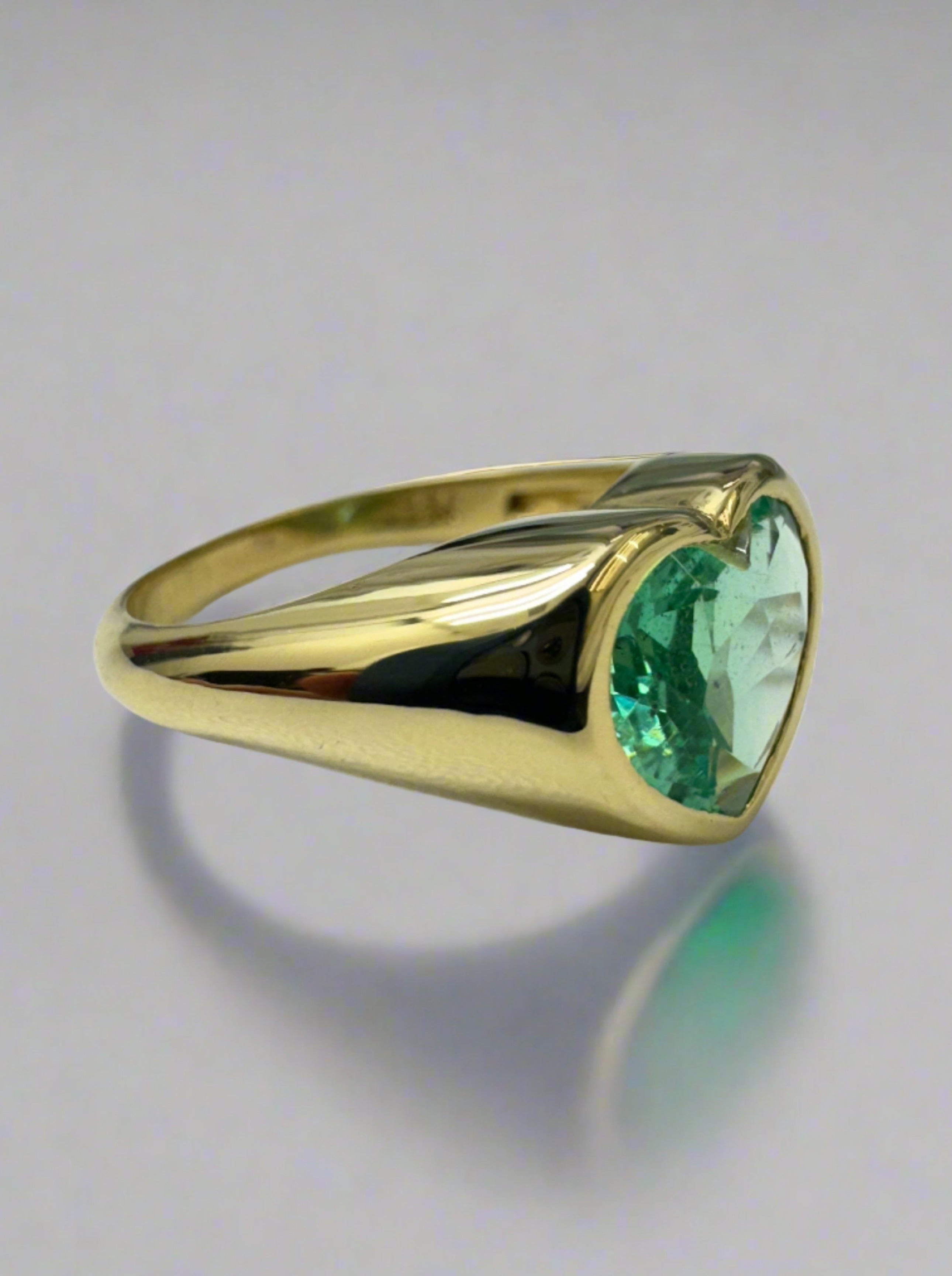 2.19 Carat Freckled Bluish Green Colombian Emerald Heart Signet Ring 18K Gold - JR Colombian Emeralds