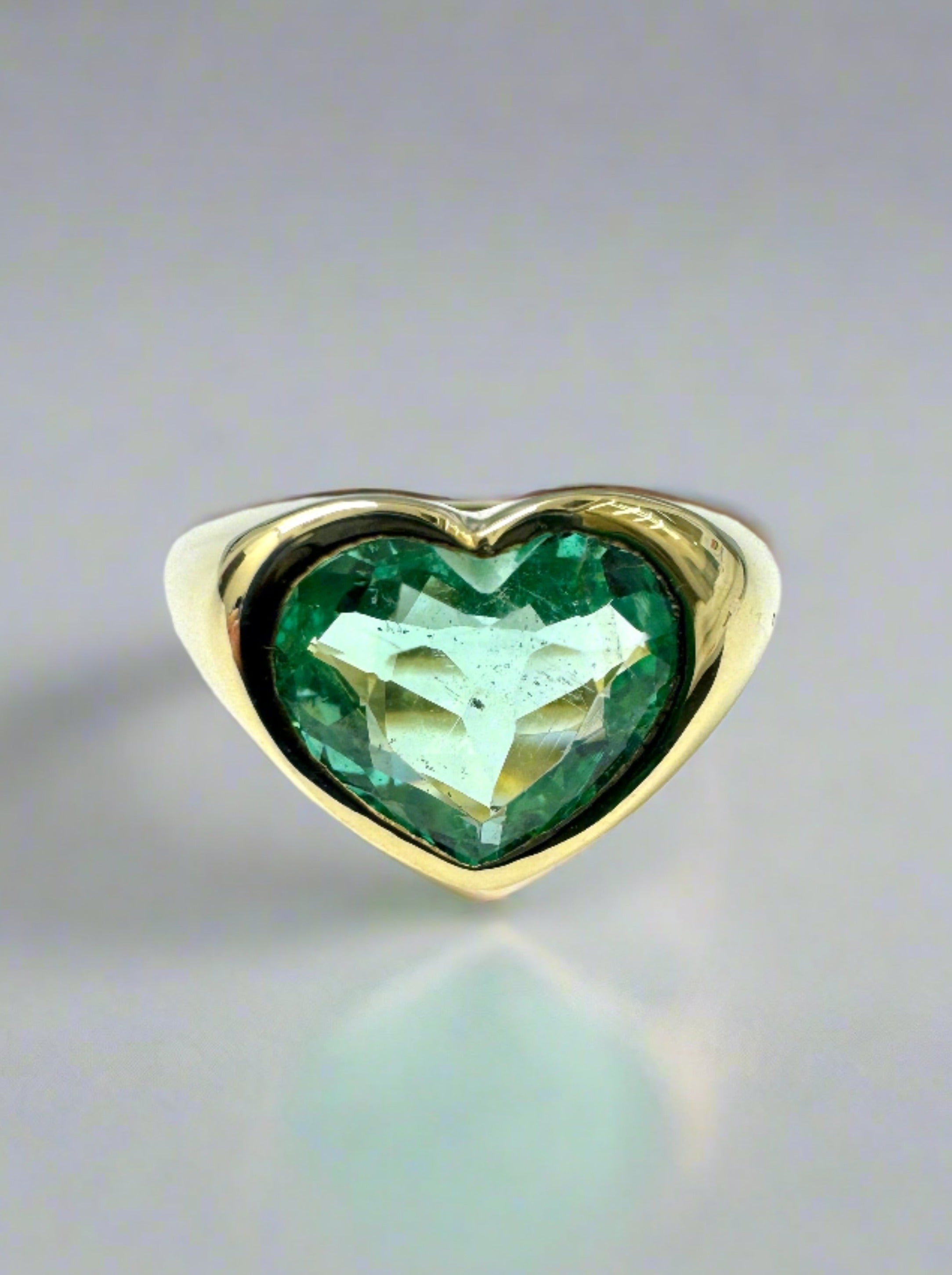 2.19 Carat Freckled Bluish Green Colombian Emerald Heart Signet Ring 18K Gold - JR Colombian Emeralds