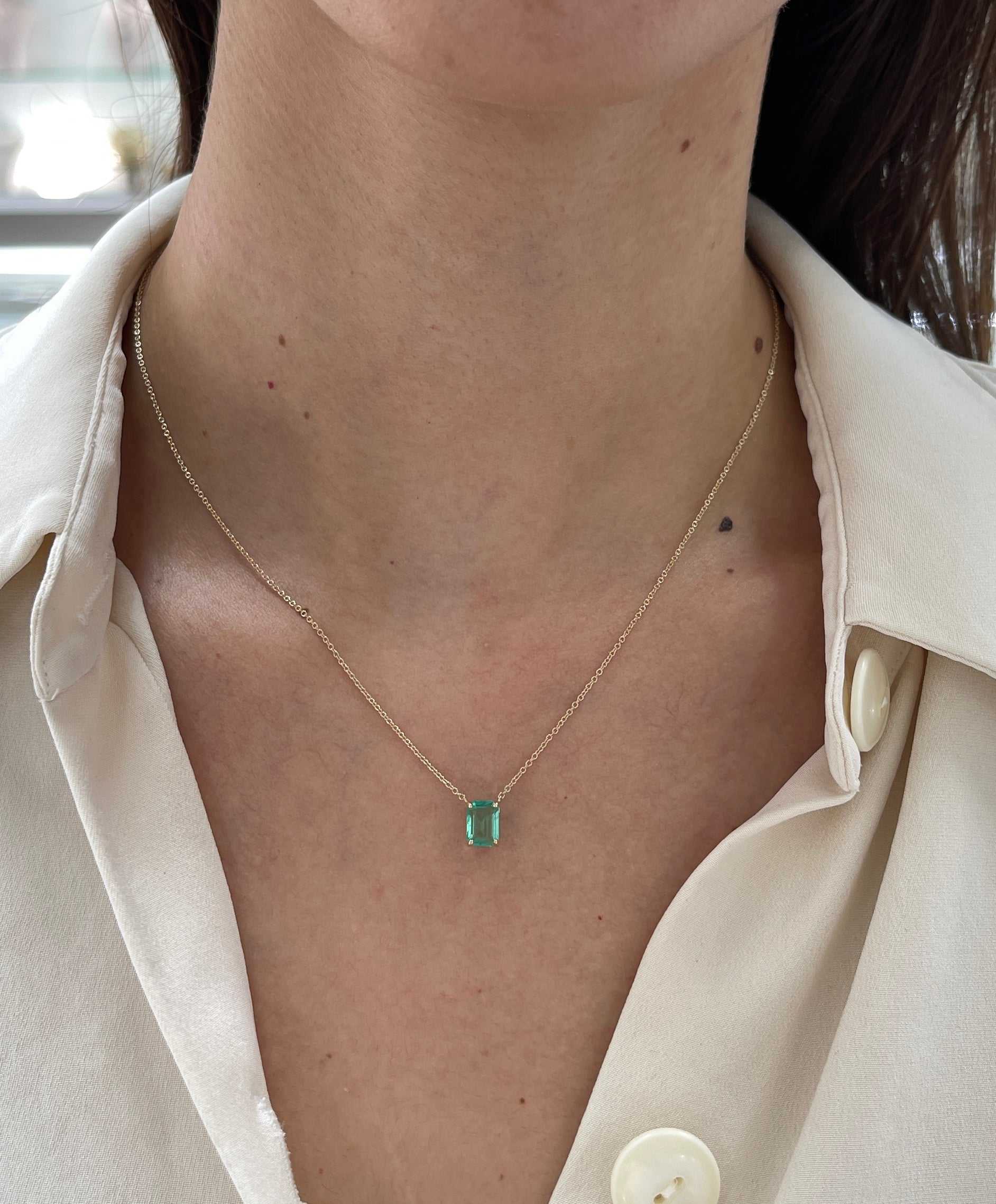 1.10 Carat Emerald North To South Stationary Necklace 14K