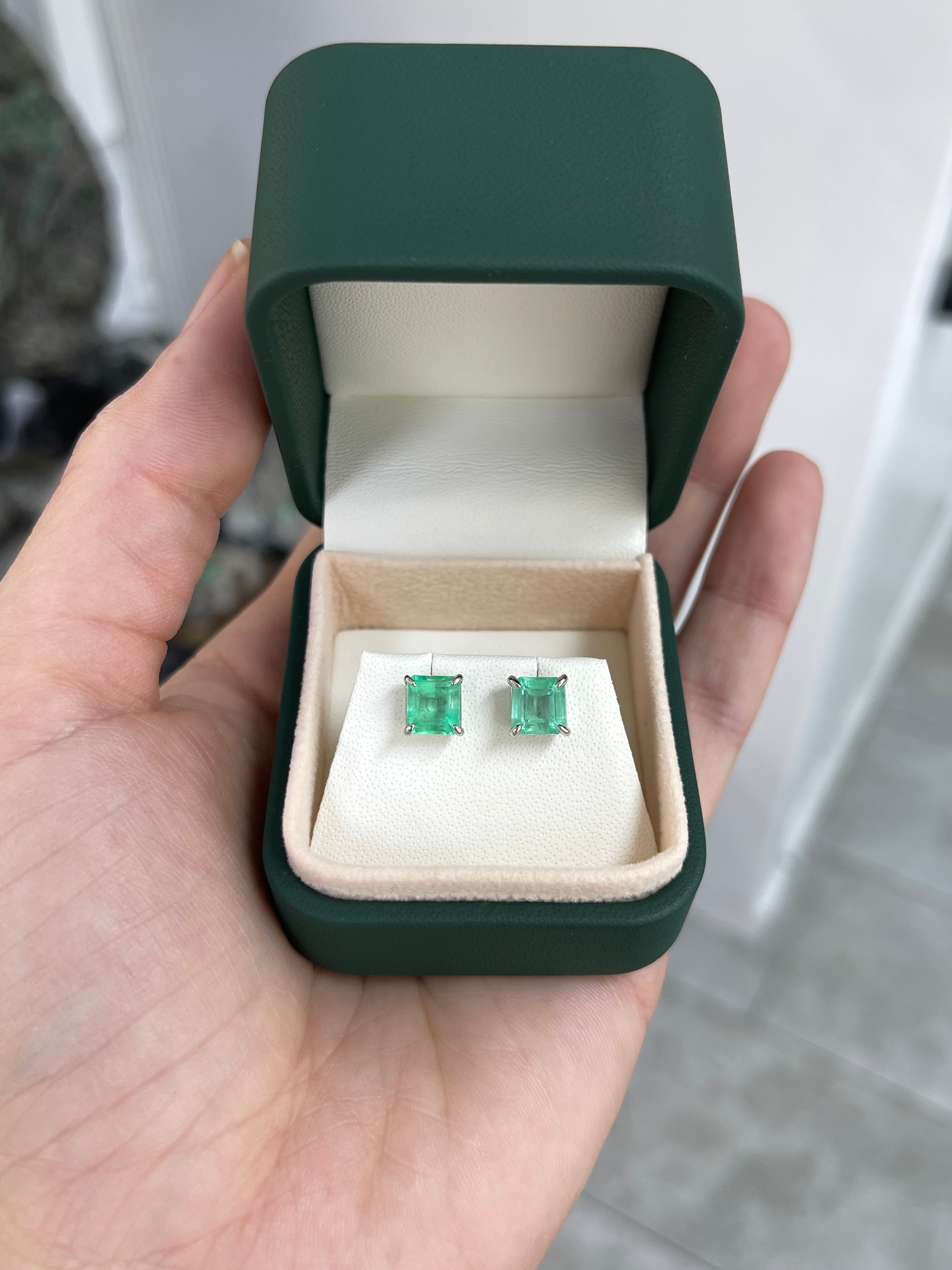 2.60tcw Asscher Cut Hand Crafted Emerald Stud Earrings White Gold 14K