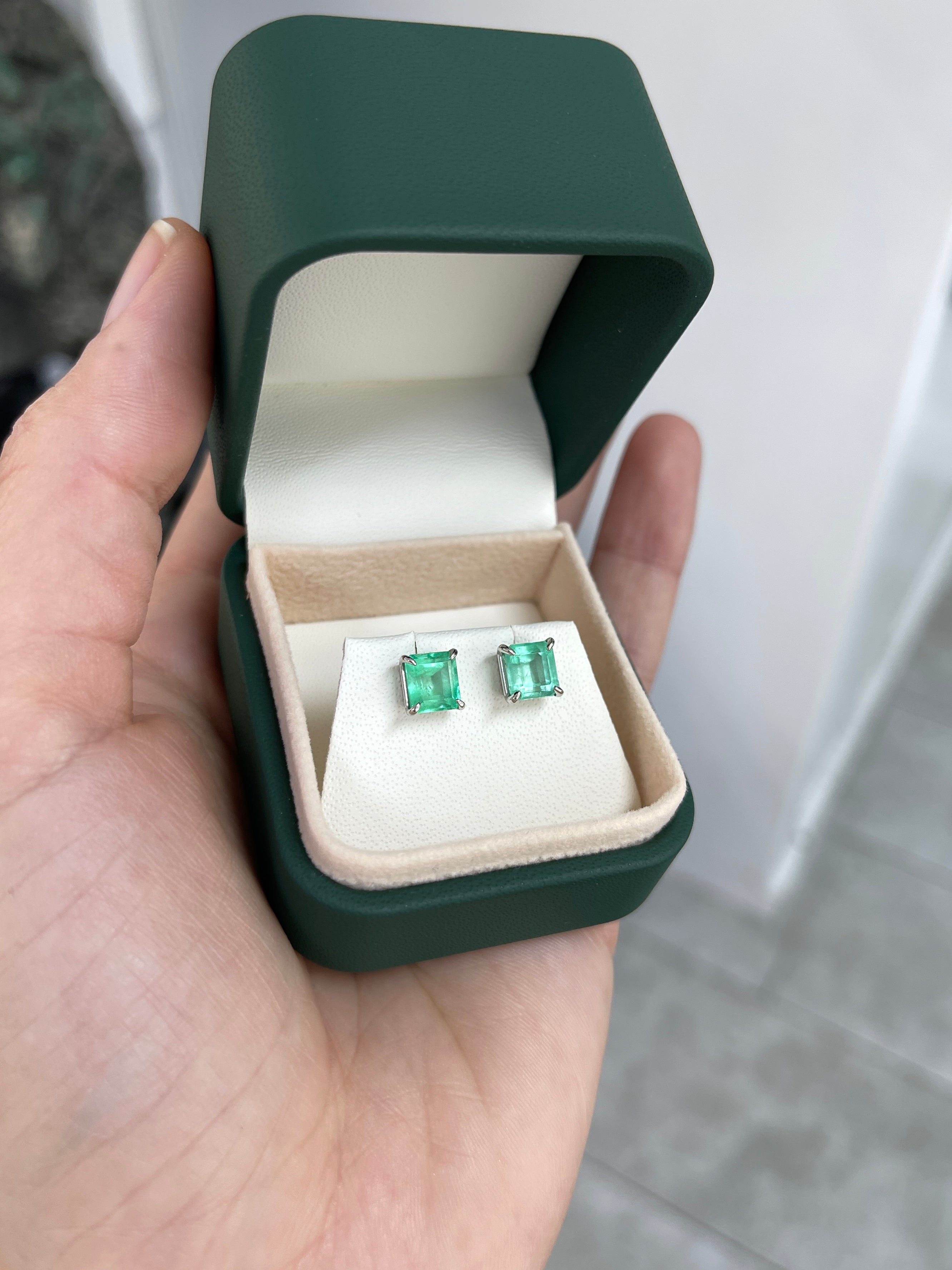 2.60tcw Asscher Cut Hand Crafted Emerald Stud Earrings White Gold 14K